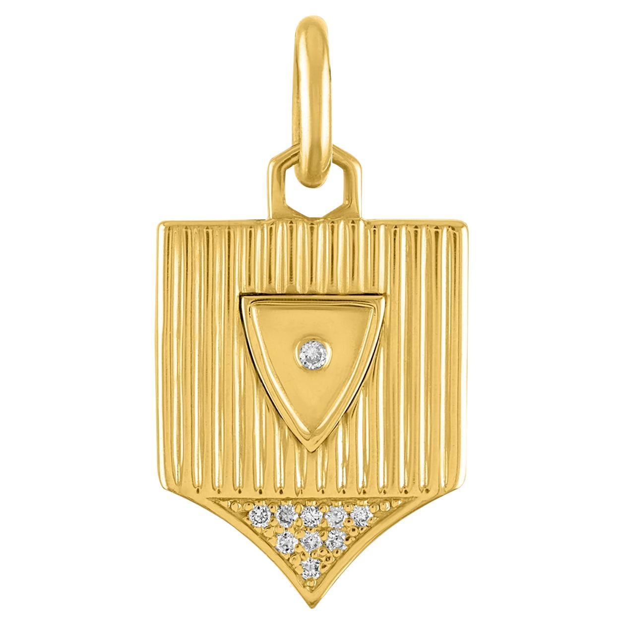 14 Karat Gold and Diamond Ribbed Shield Pendant For Sale