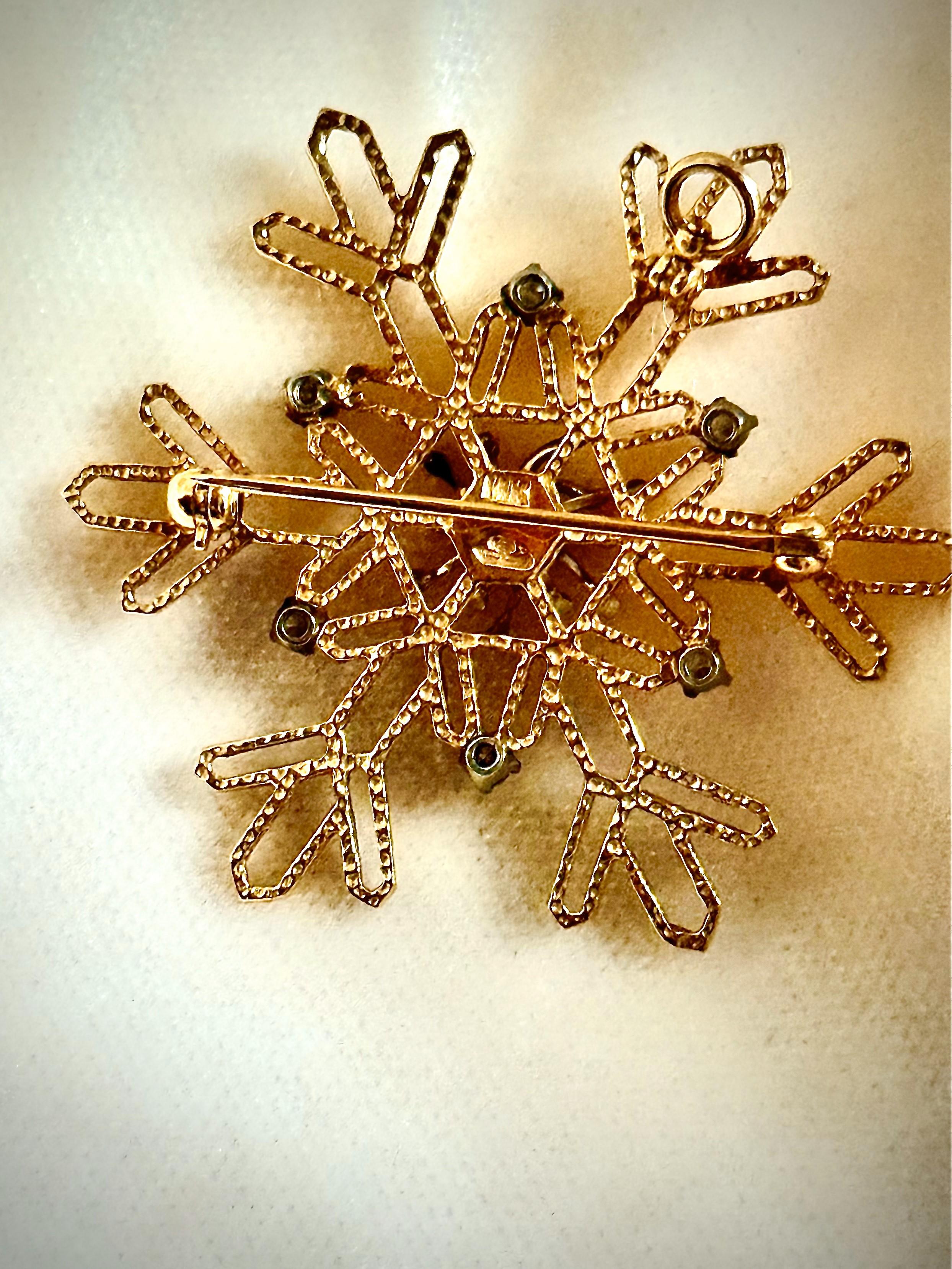 Modern 14 Karat Gold  and Diamond Snowflake Pin For Sale