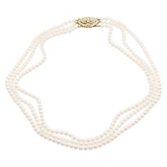 Retro 14 Karat Gold and Diamond Three Strand Freshwater Pearl Necklace