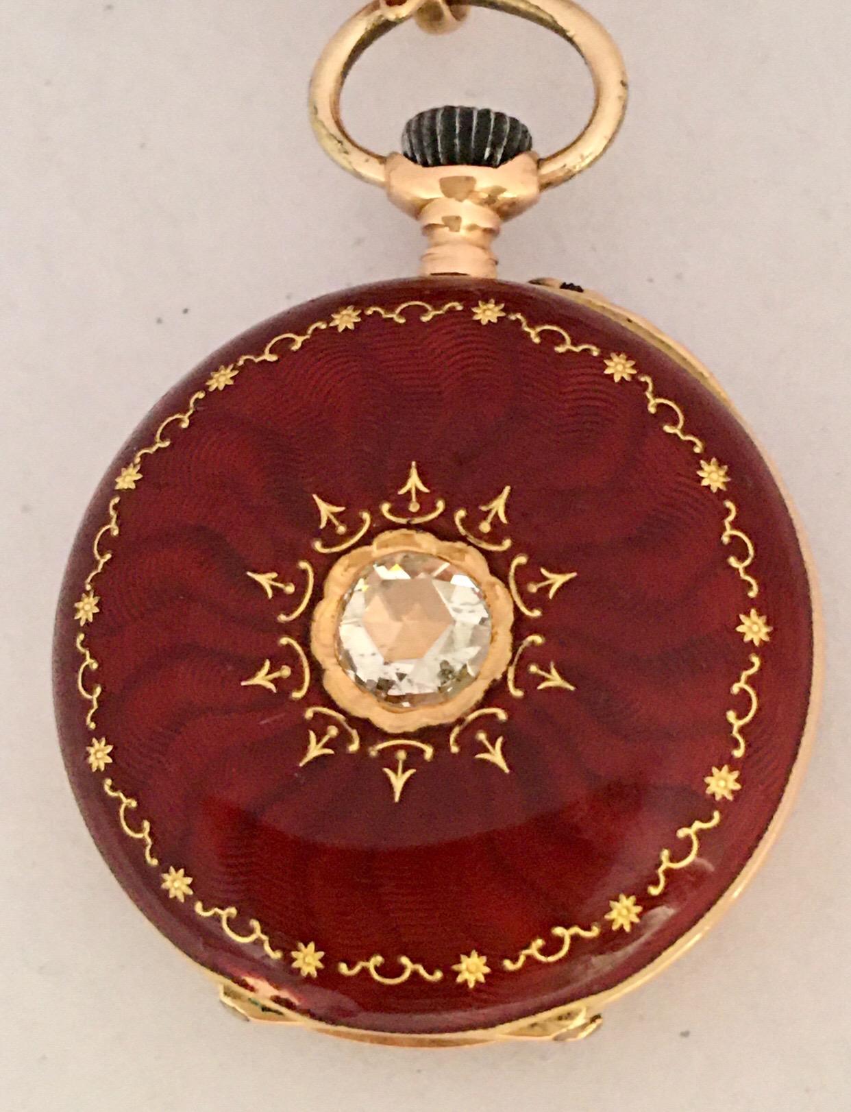 14 Karat Gold and Diamonds Red Enamel Mechanical Ladies Fob or Brooch Watch For Sale 4
