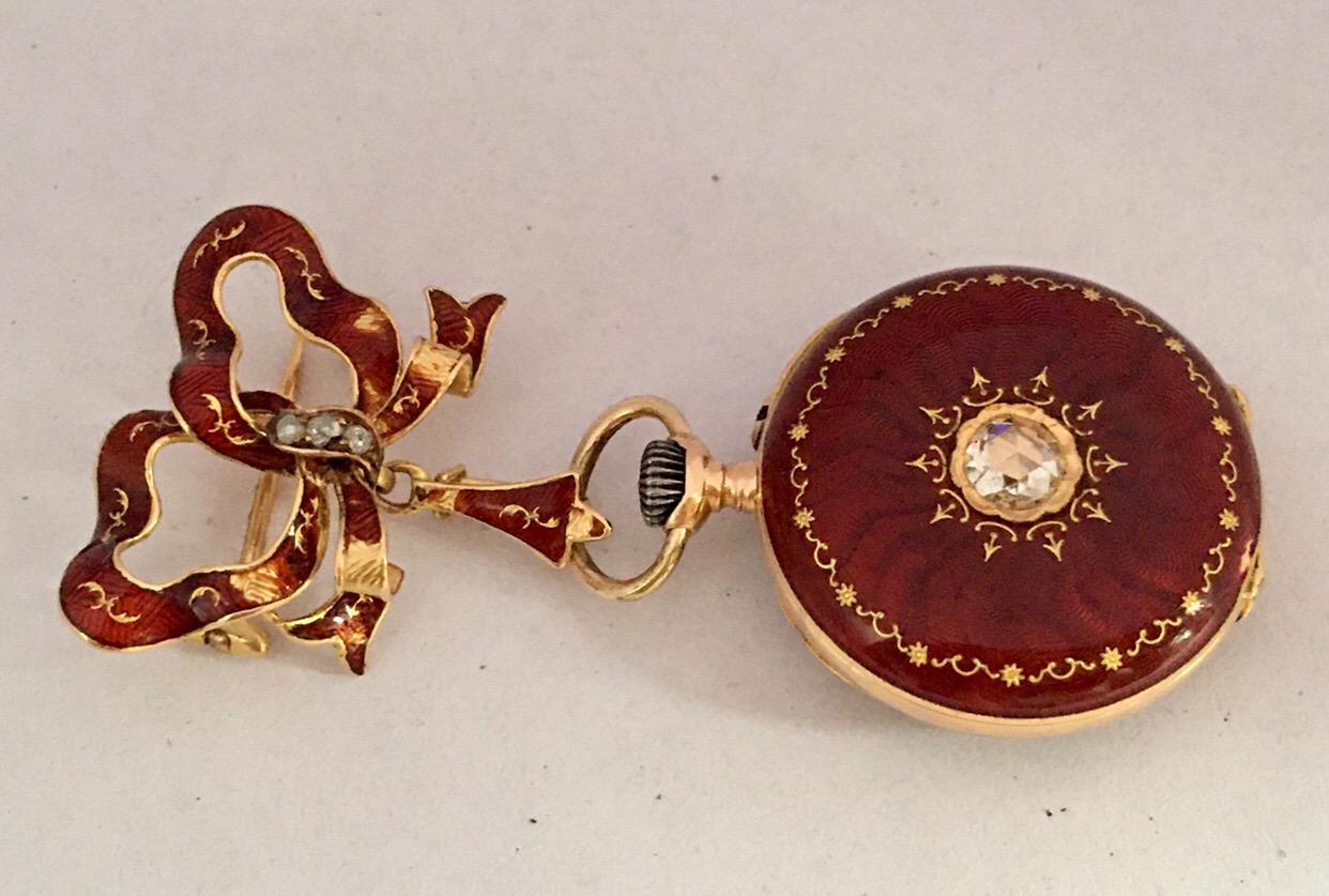14 Karat Gold and Diamonds Red Enamel Mechanical Ladies Fob or Brooch Watch For Sale 6
