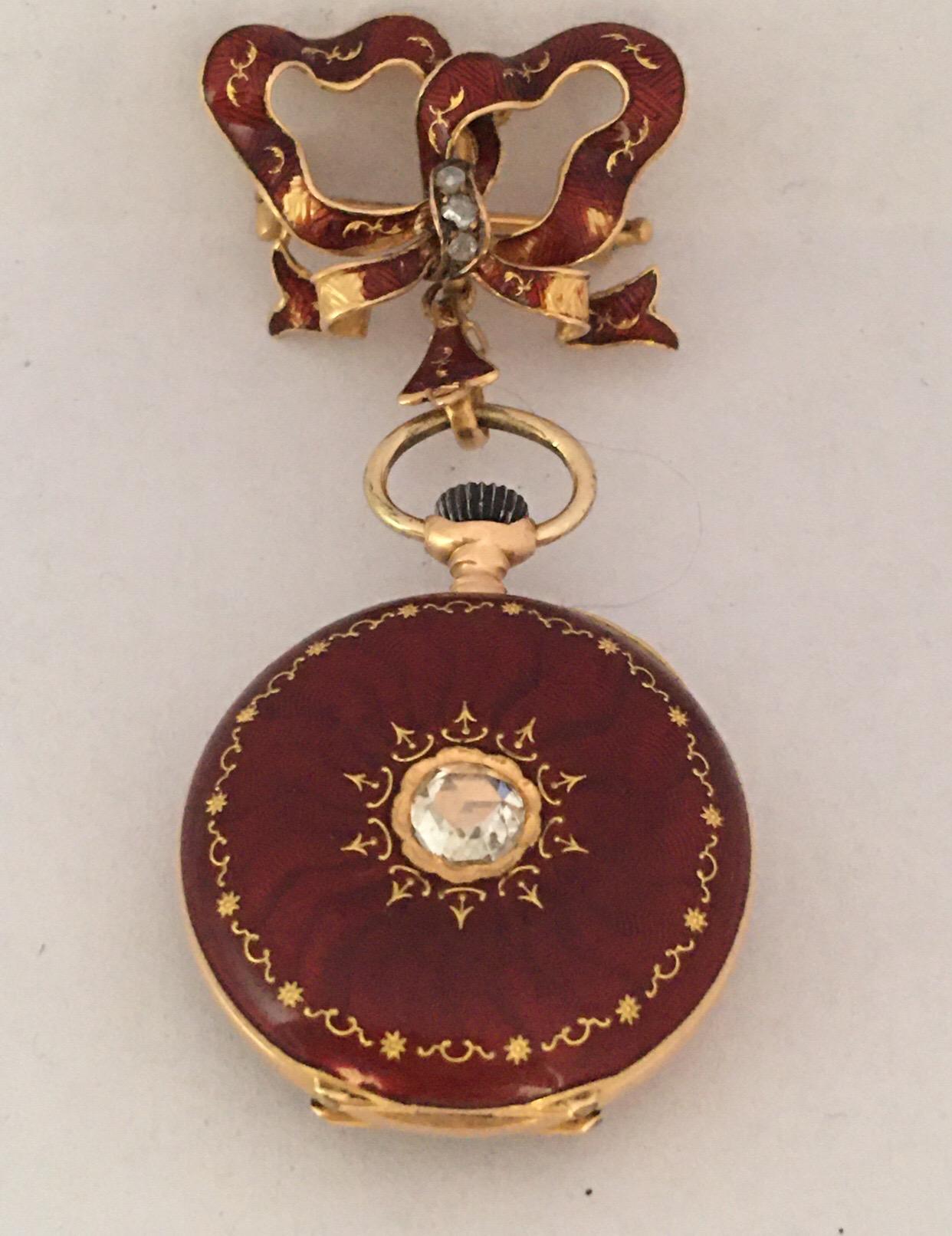 14 Karat Gold and Diamonds Red Enamel Mechanical Ladies Fob or Brooch Watch For Sale 12
