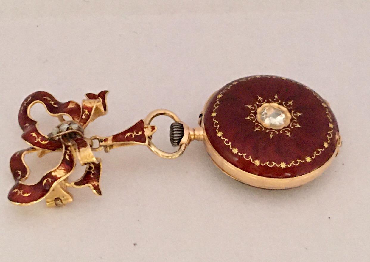 14 Karat Gold and Diamonds Red Enamel Mechanical Ladies Fob or Brooch Watch For Sale 14