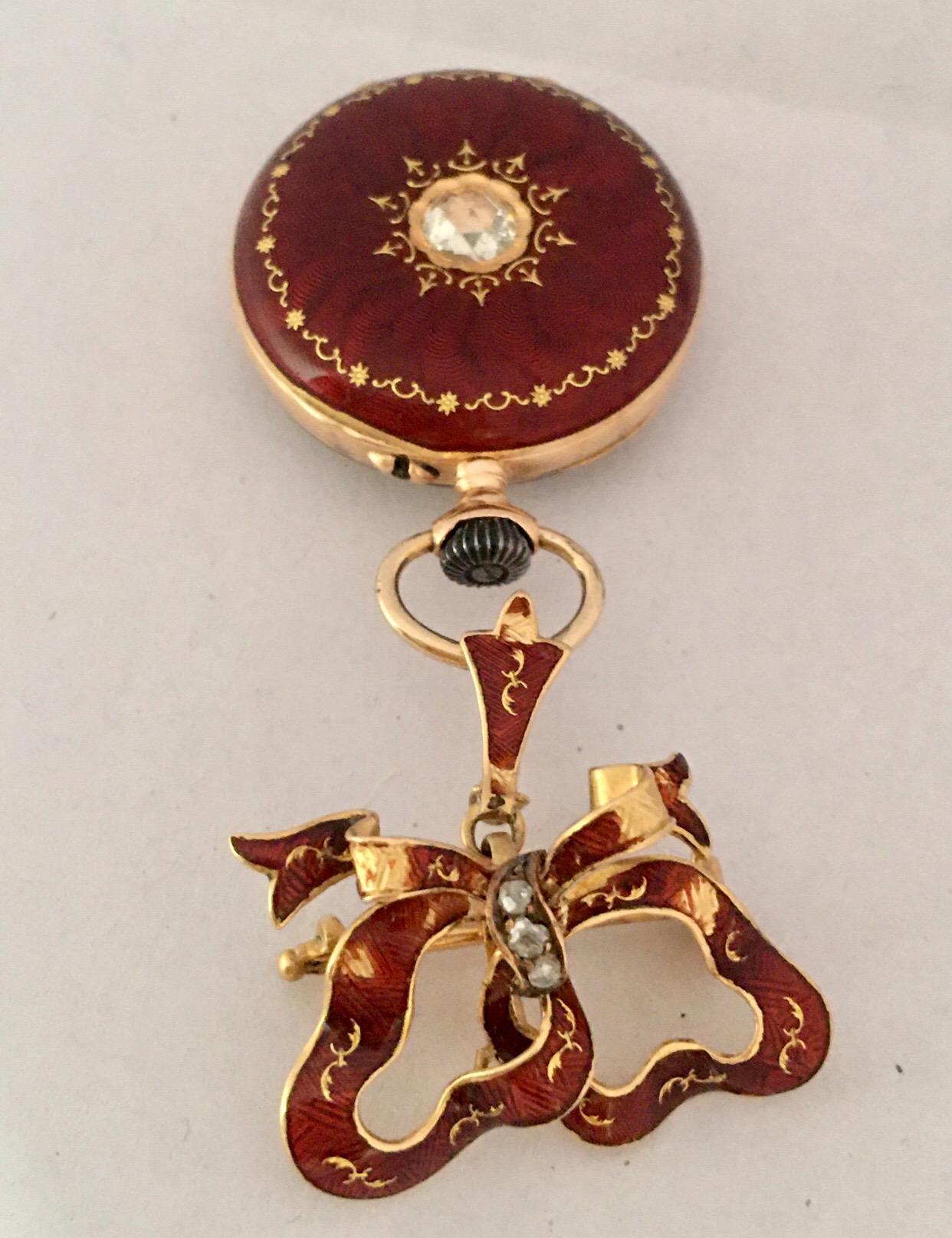 Ball Cut 14 Karat Gold and Diamonds Red Enamel Mechanical Ladies Fob or Brooch Watch For Sale