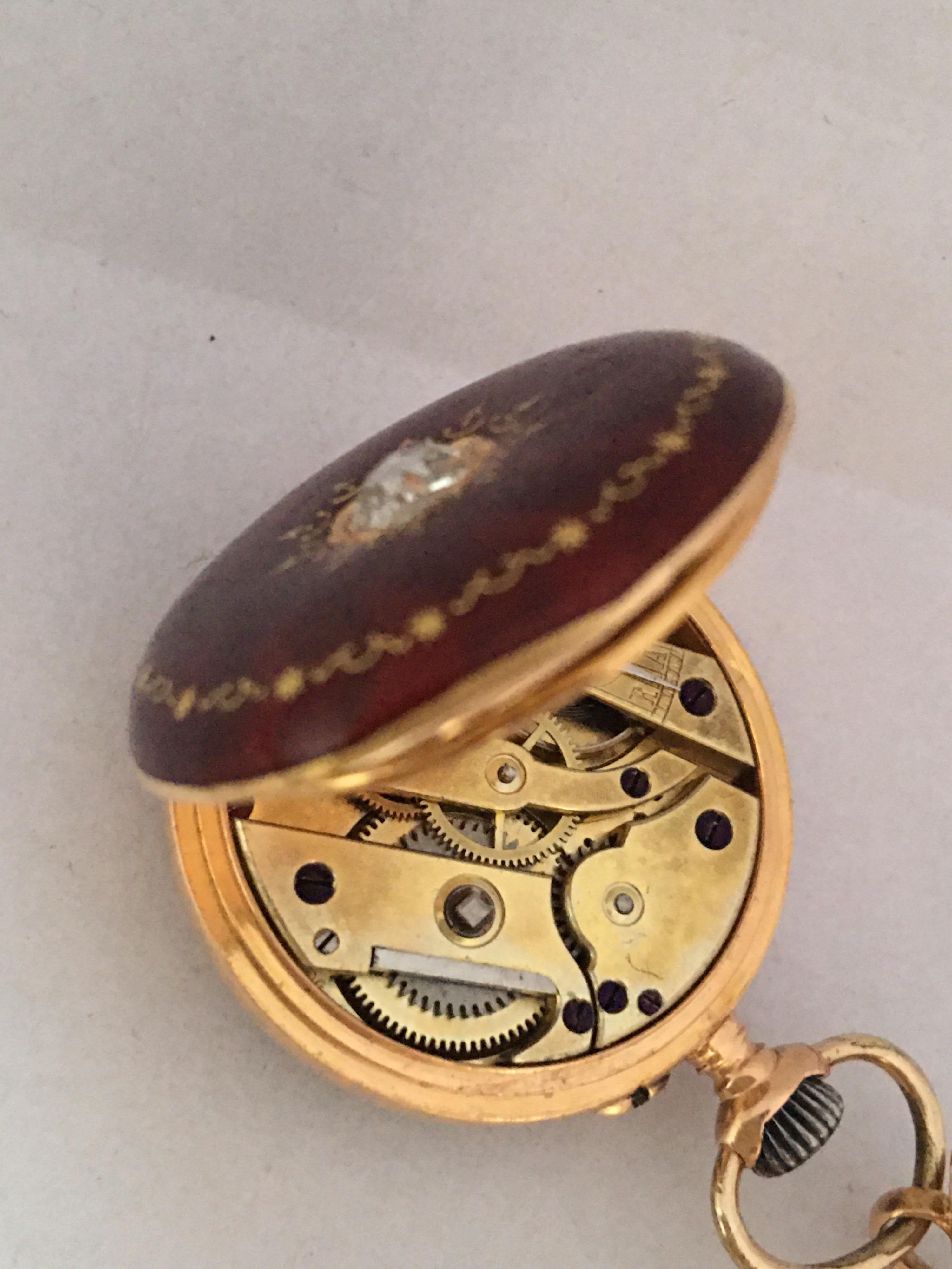 14 Karat Gold and Diamonds Red Enamel Mechanical Ladies Fob or Brooch Watch For Sale 1
