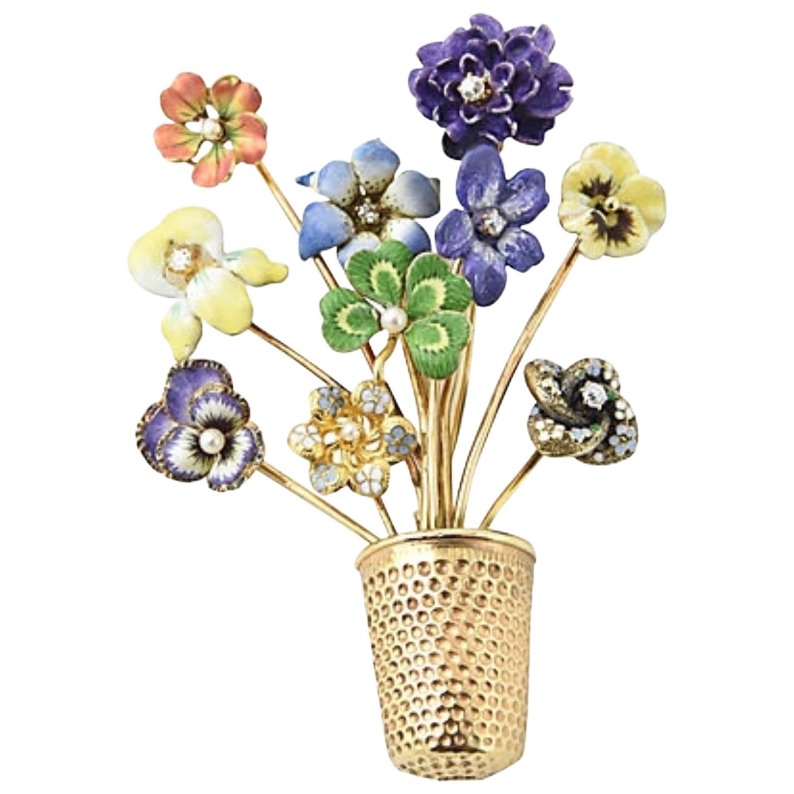 14 Karat Gold and Enamel Flower Brooch, circa 1950