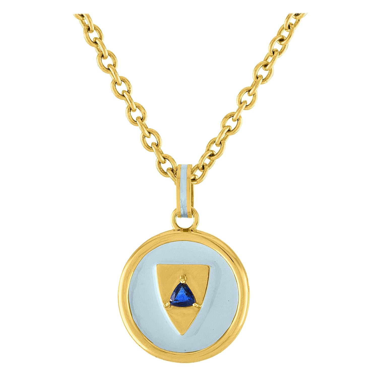 14 Karat Gold and Enamel Shield Fob with Sapphire Trillion on Gold Rolo chain For Sale