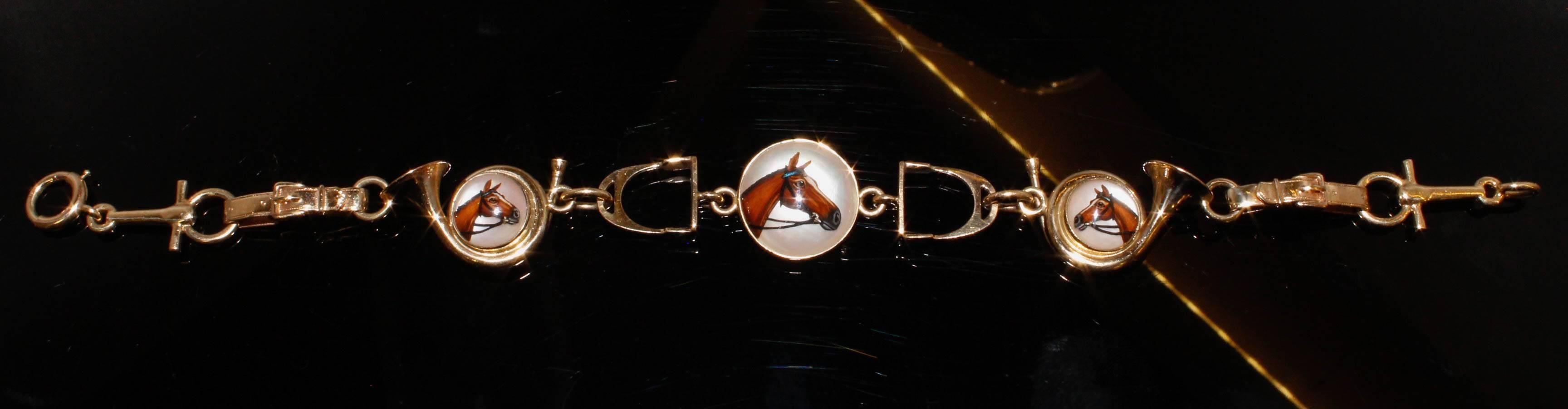 Women's or Men's 14 Karat White/Gold and Essex Crystal Equestrian, Hunter, Jumper Bracelet For Sale