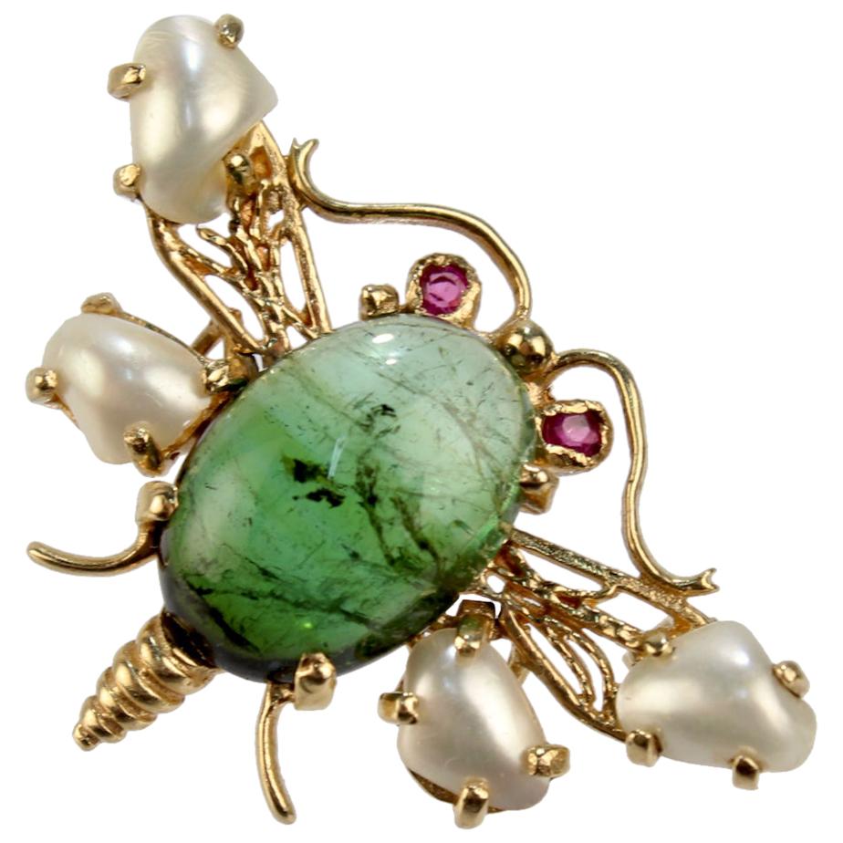 14 Karat Gold and Green Tourmaline Kinetic Bee Brooch with Pearls and Rubies For Sale