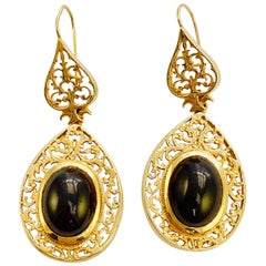 Vintage 14 Karat Gold and Oval Cabochon Cut Garnet Dangle Earrings Edwardian Style