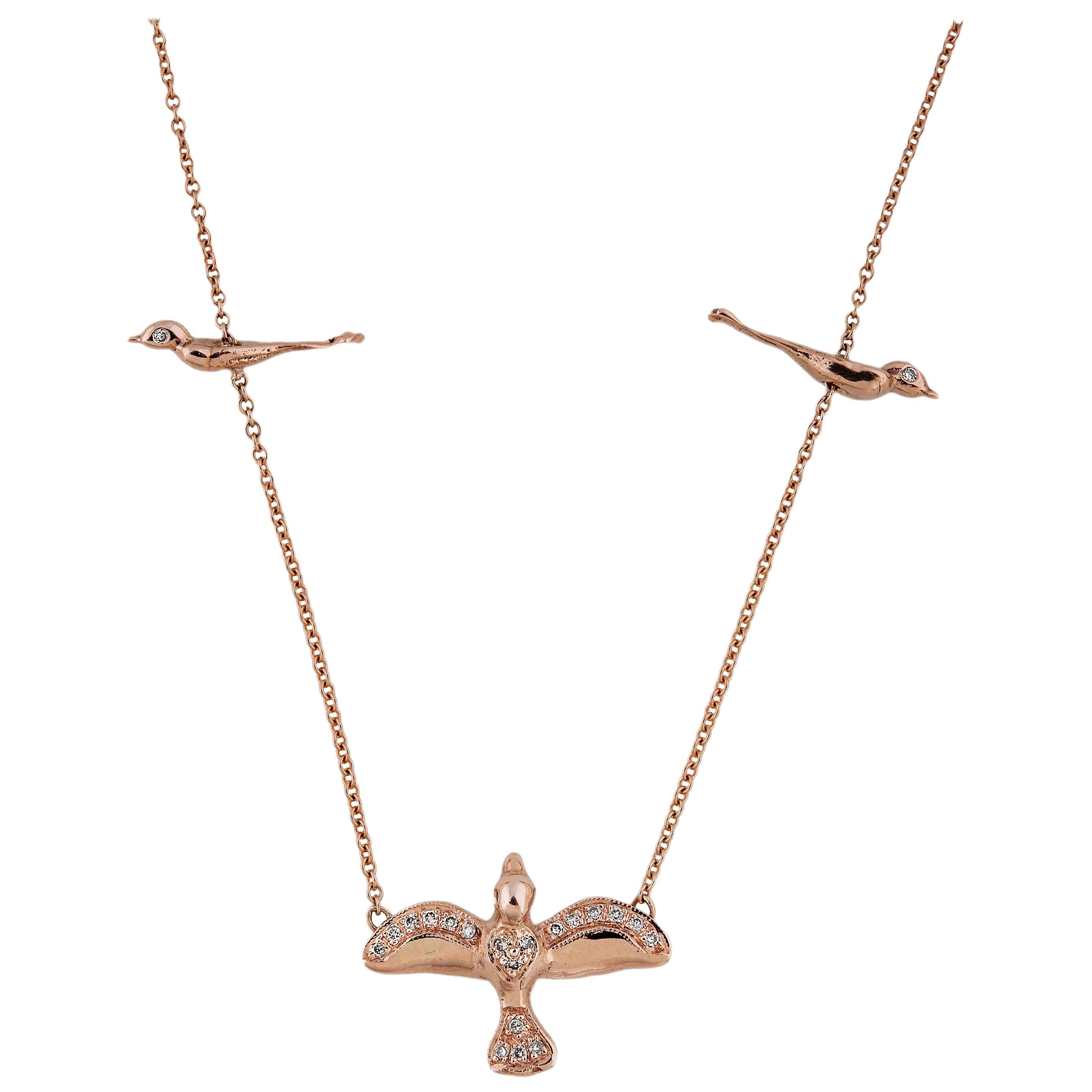 14 Karat Gold and Pave Diamond Three Birds Necklace For Sale
