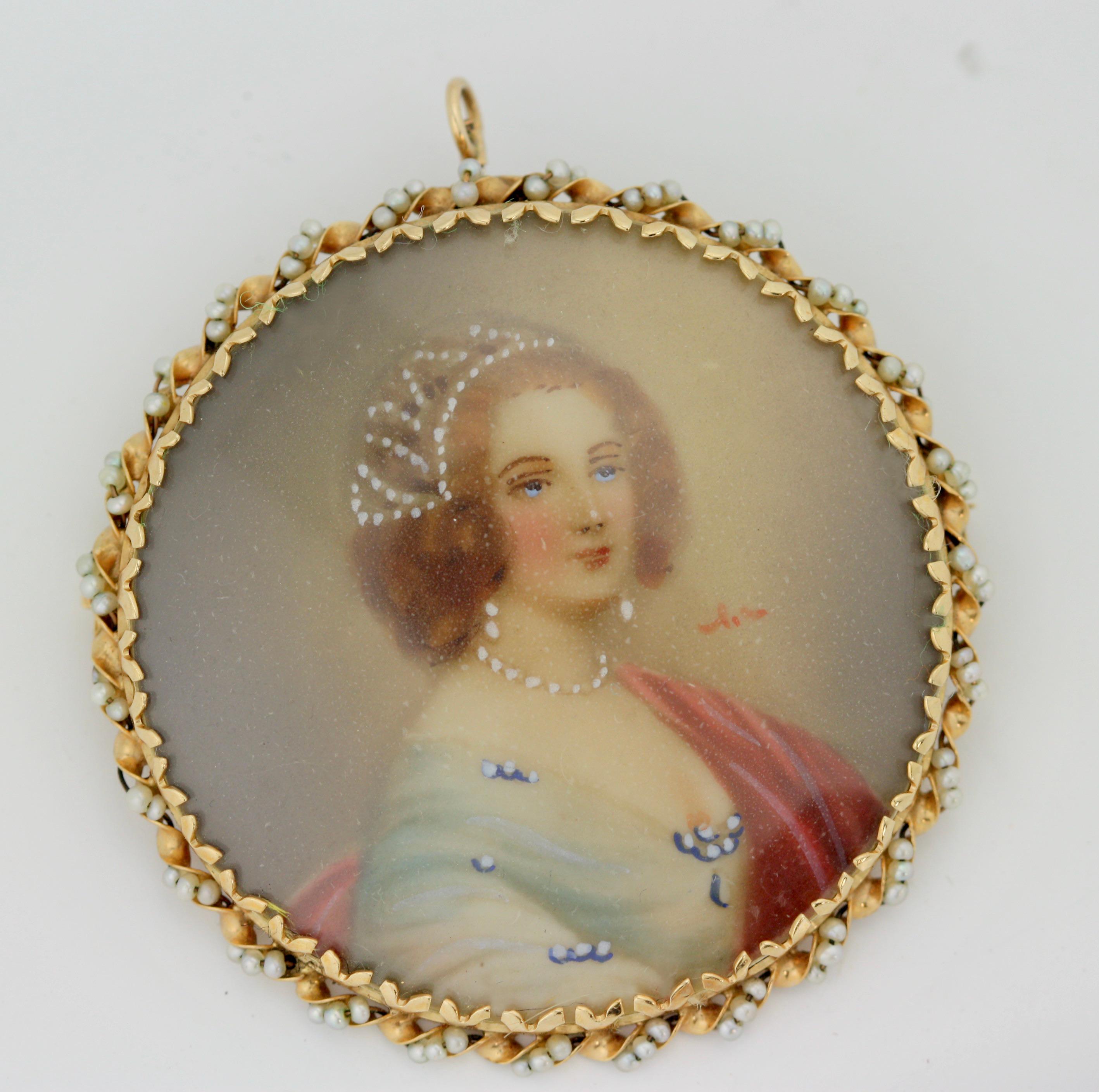 Brosche „Portrait“ aus 14 Karat Gold und Perlen für Damen oder Herren im Angebot