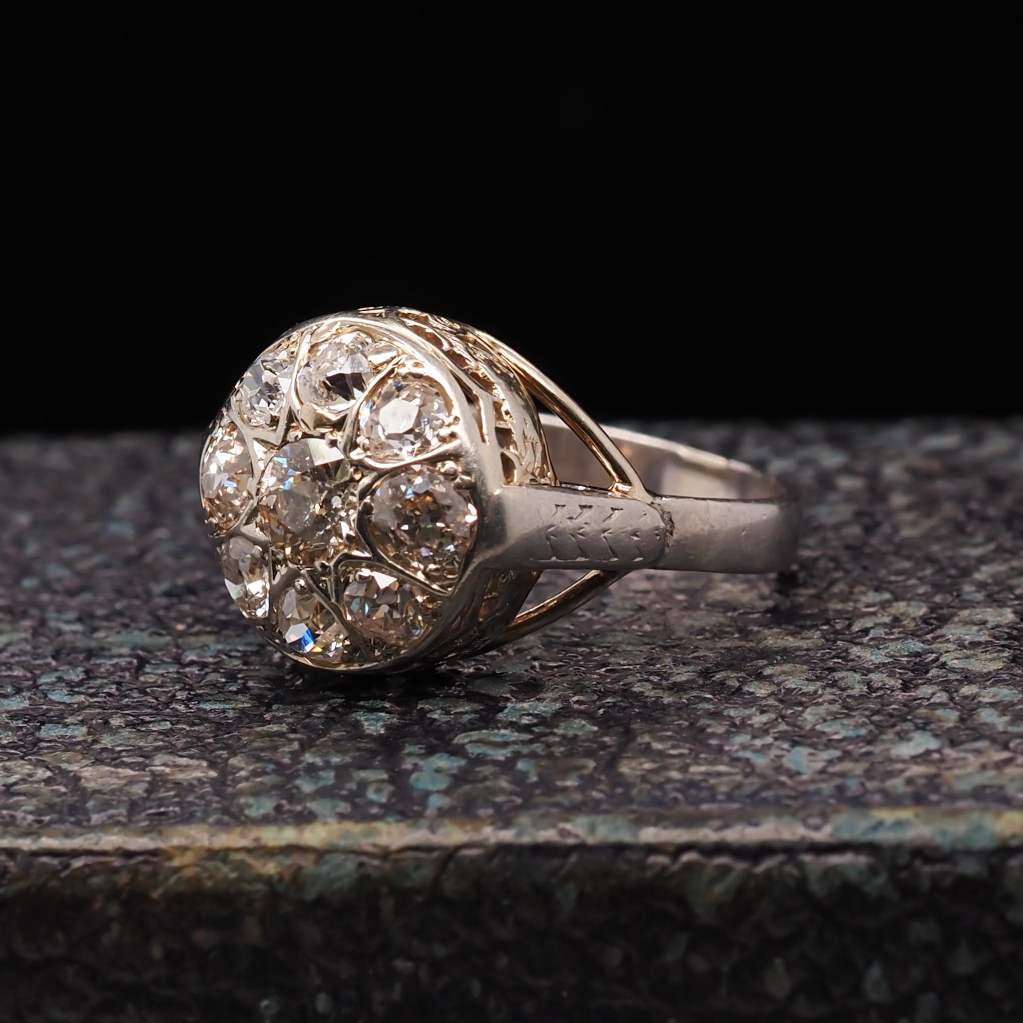 Edwardian 14 Karat Gold and Platinum Old Mine Diamond Cluster Ring For Sale