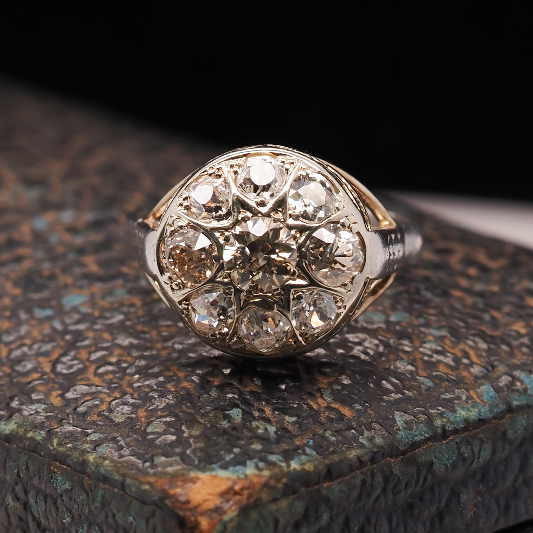 Women's or Men's 14 Karat Gold and Platinum Old Mine Diamond Cluster Ring For Sale