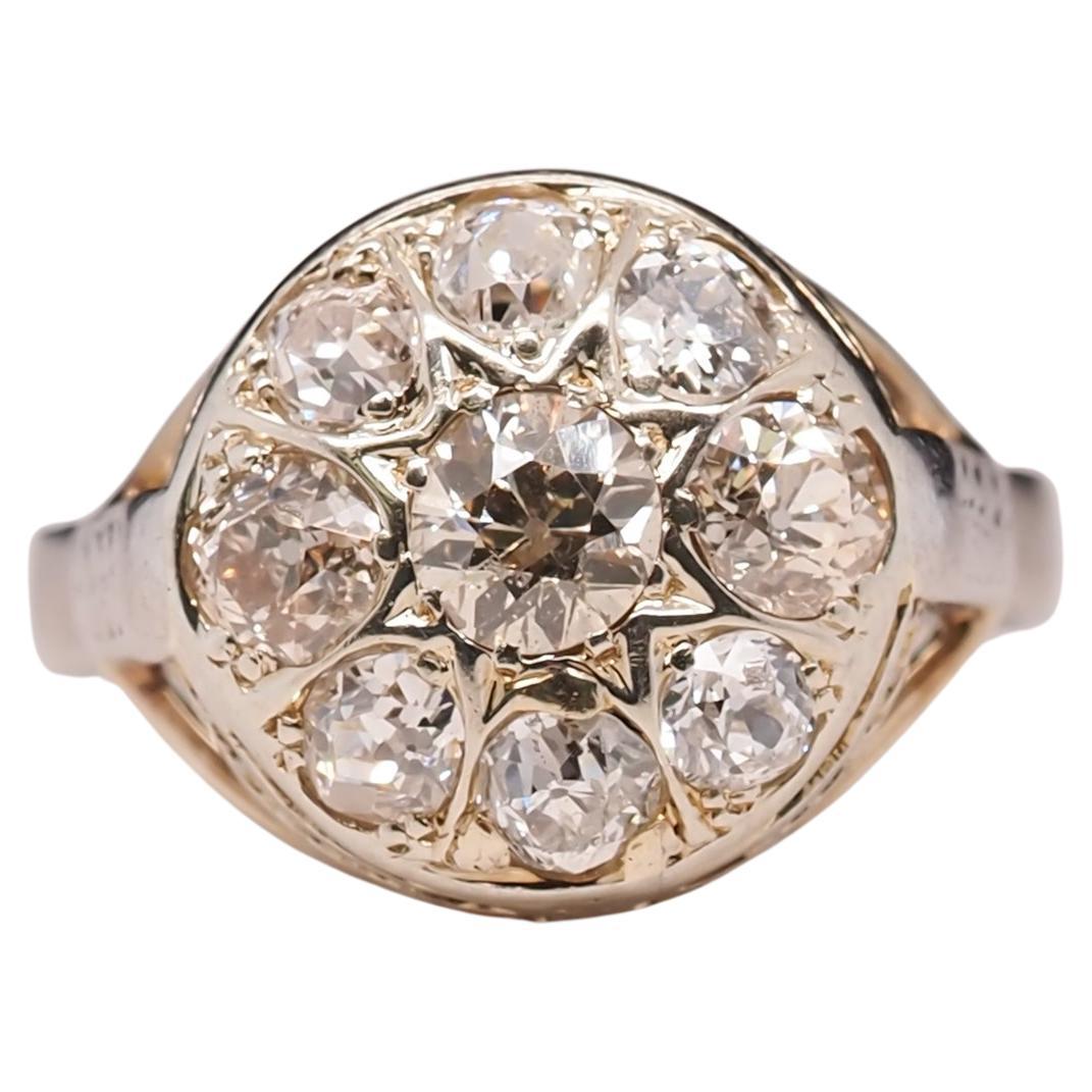 14 Karat Gold and Platinum Old Mine Diamond Cluster Ring