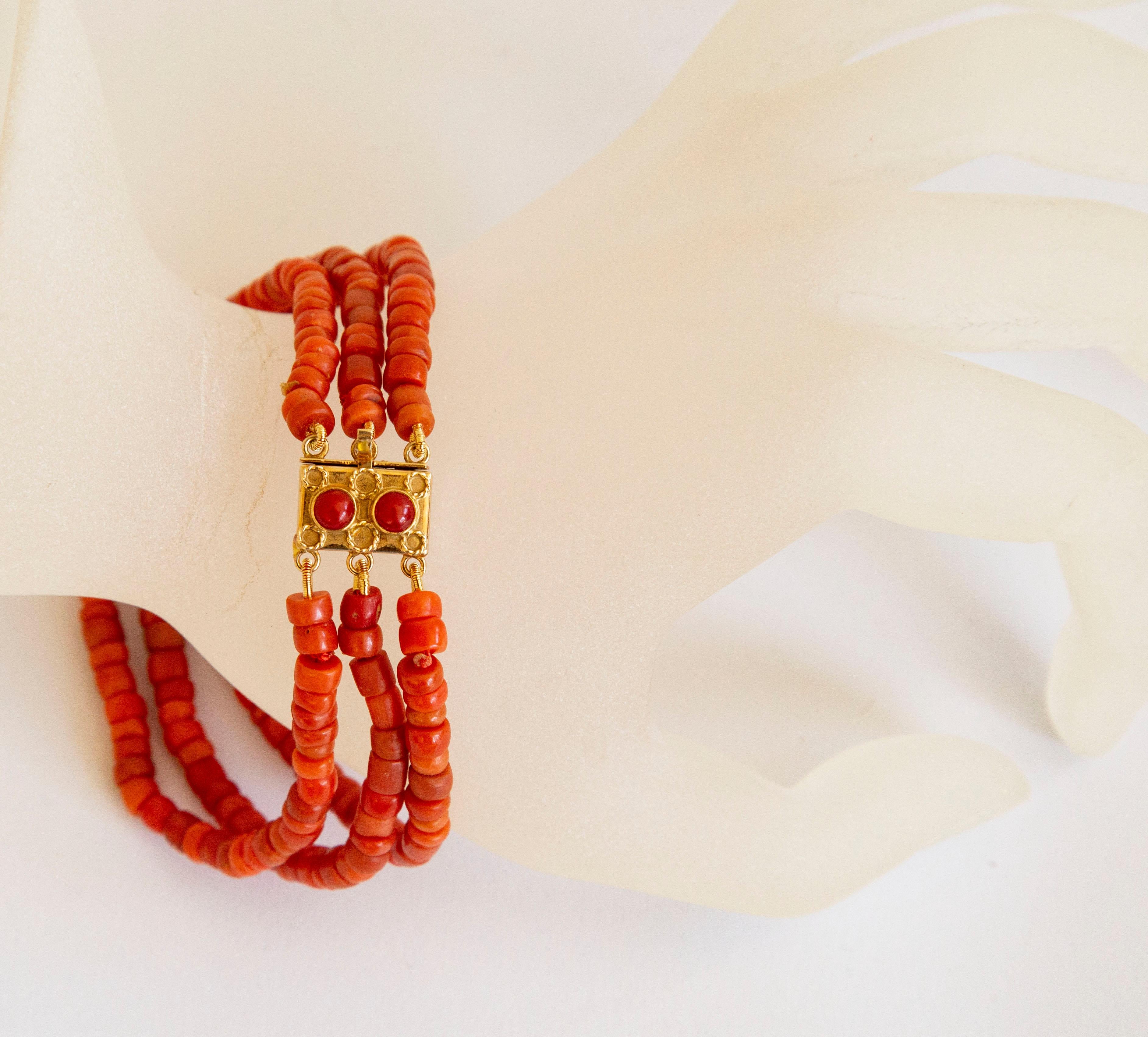 Edwardian 14 Karat Gold and Red Coral Three - Strand Beaded Bracelet Early 20th C For Sale