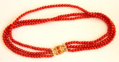14 Karat Gold and Red Coral Three - Strand Beaded Necklace Early 20th Century