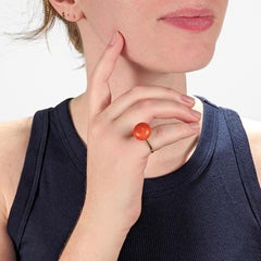 14 Karat Gold and Rich Salmon Coral Button Cabochon Cocktail Ring