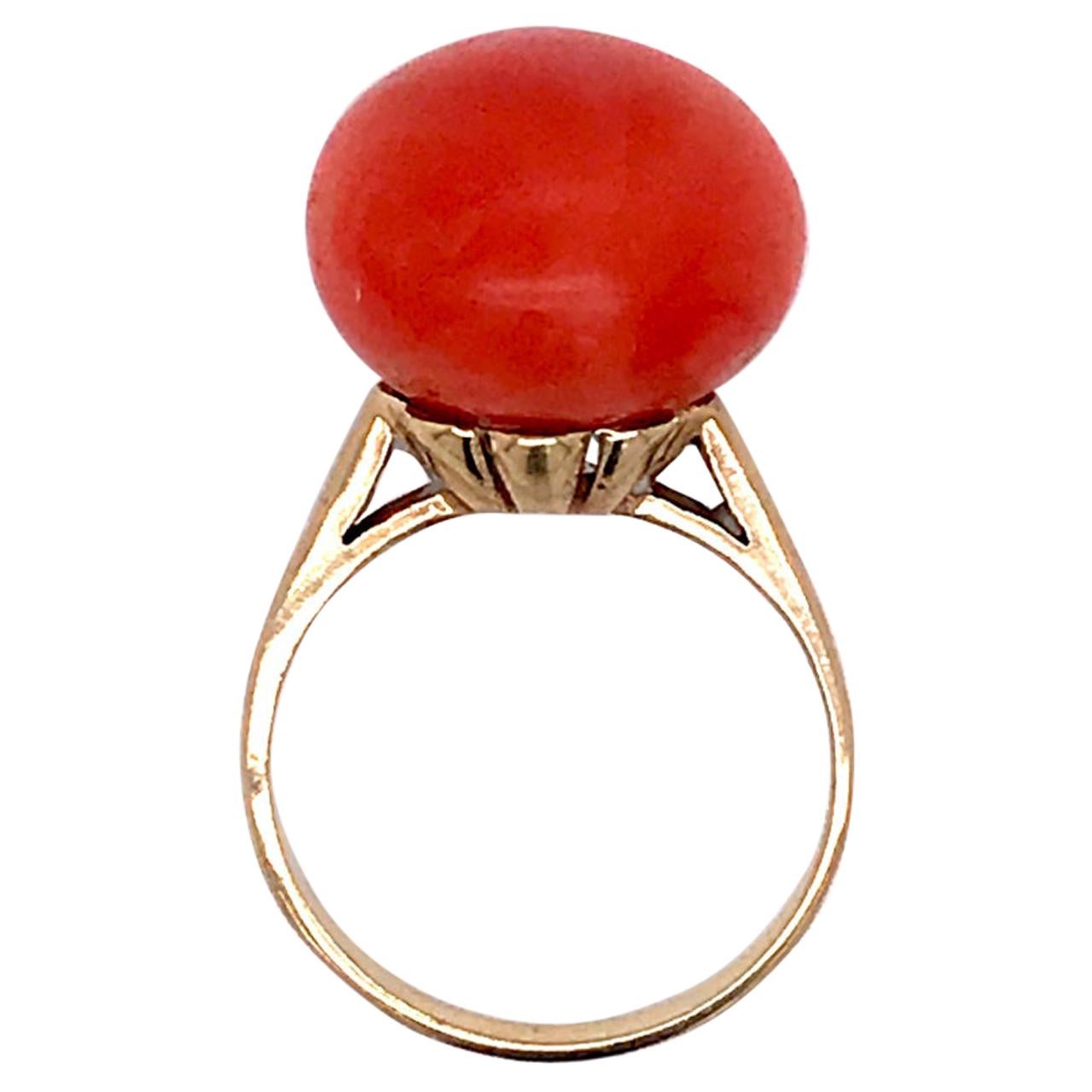 14 Karat Gold and Rich Salmon Coral Button Cabochon Cocktail Ring