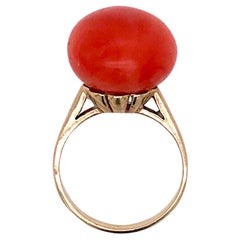 Vintage 14 Karat Gold and Rich Salmon Coral Button Cabochon Cocktail Ring