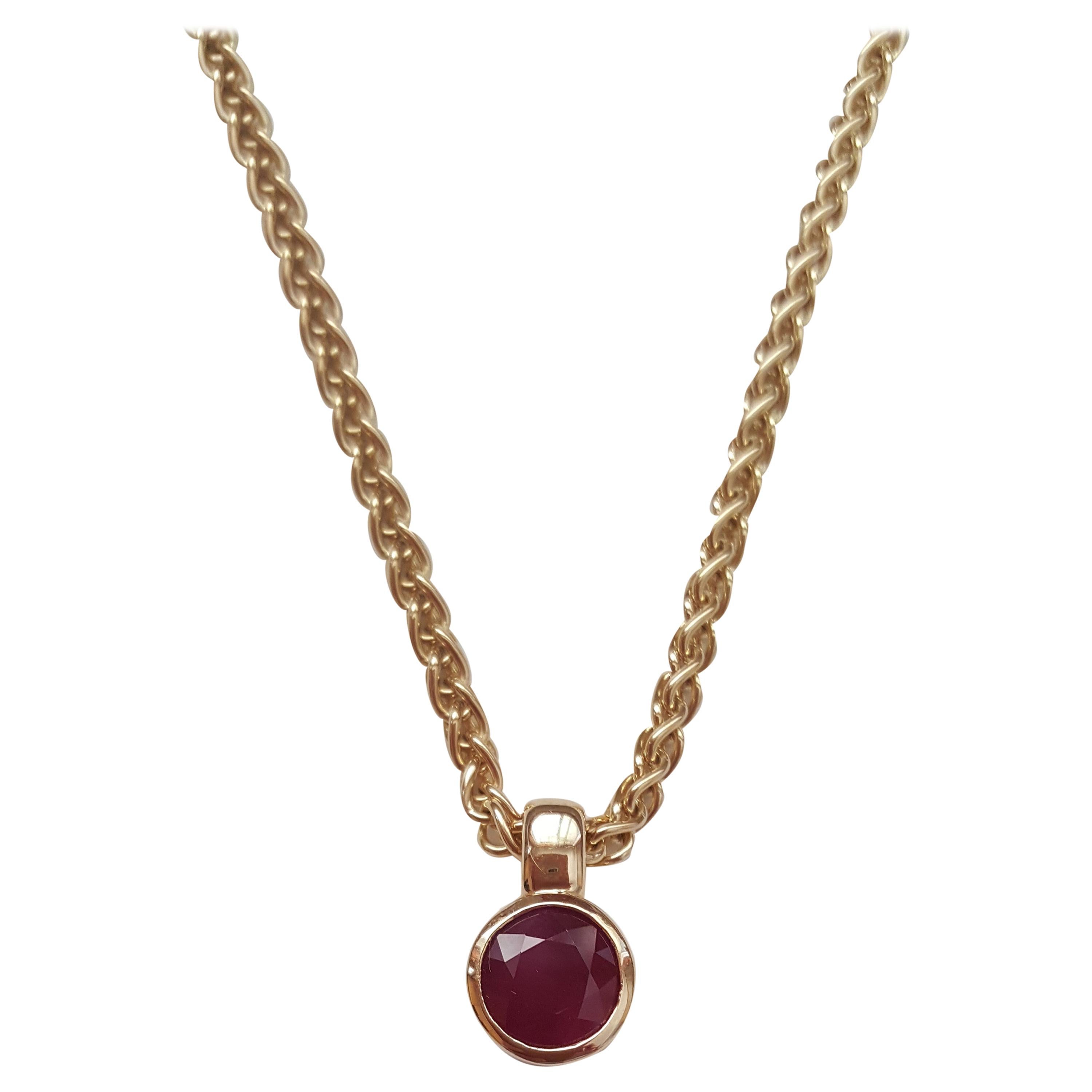 14 Karat Gold and Ruby Necklace, 26' Wheat Link Chain,  2.50 Carat Ruby, 33.4 Gr