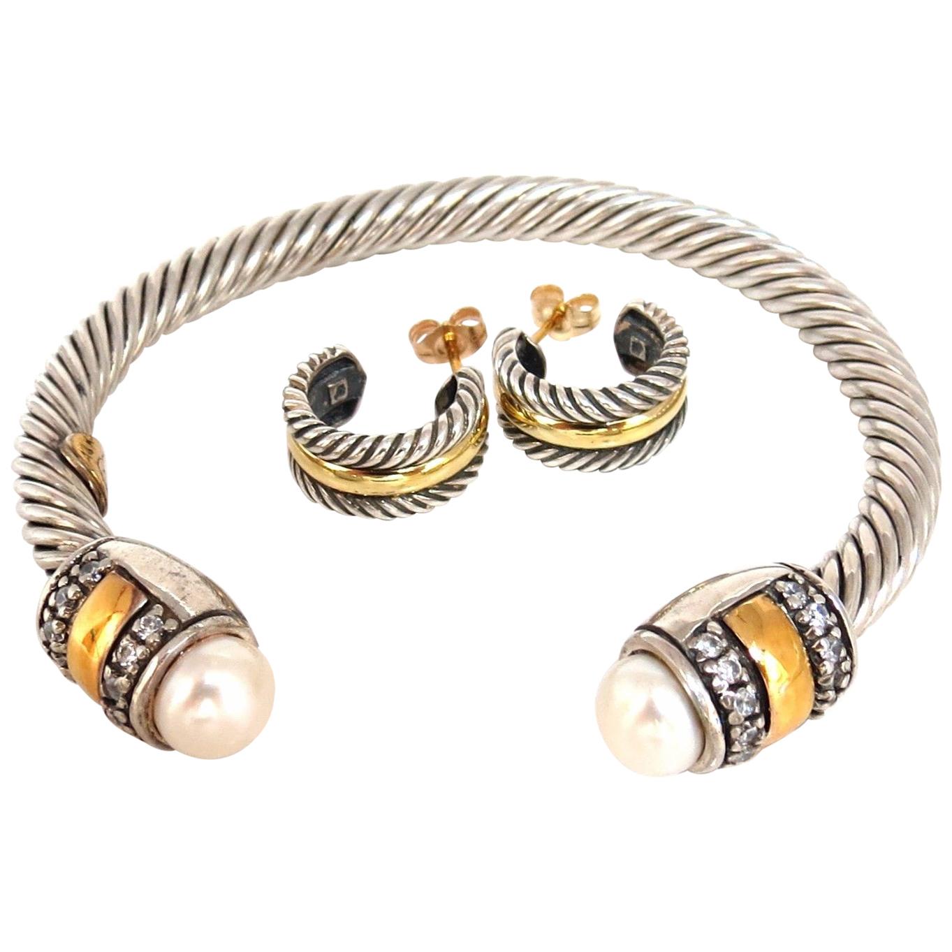 14 Karat Gold and Silver Bangle / Earrings Suite