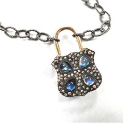14 Karat Gold and Silver Diamond Moonstone Padlock Choker Necklace 15"