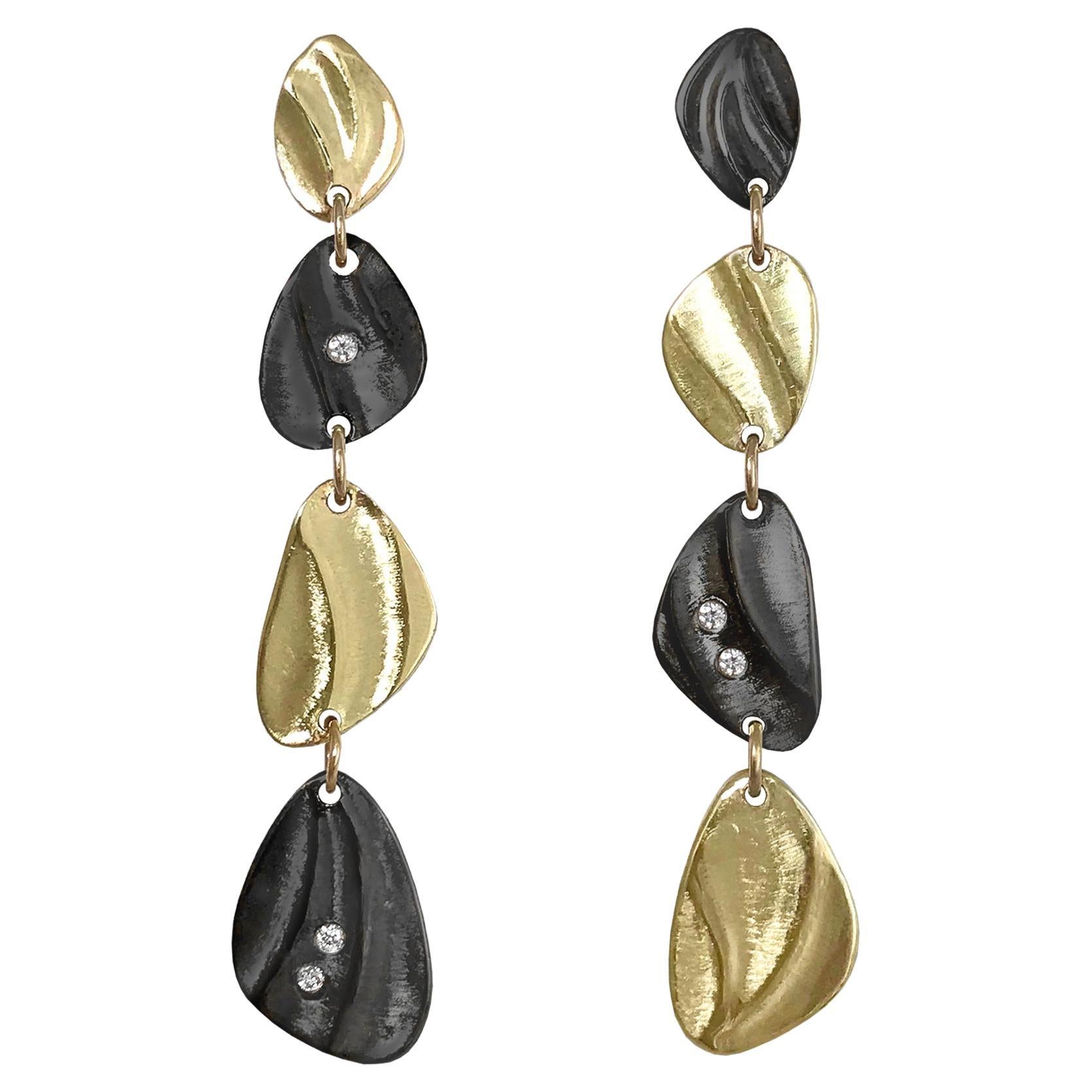 14 Karat Gold and Silver Pebble Dangle Earrings with Diamonds from K.Mita For Sale