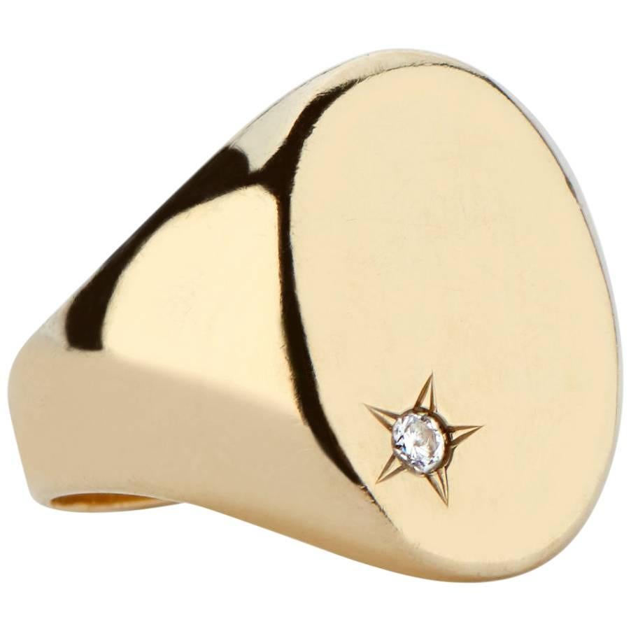 14 Karat Gold and White Diamond Classic Signet Ring For Sale