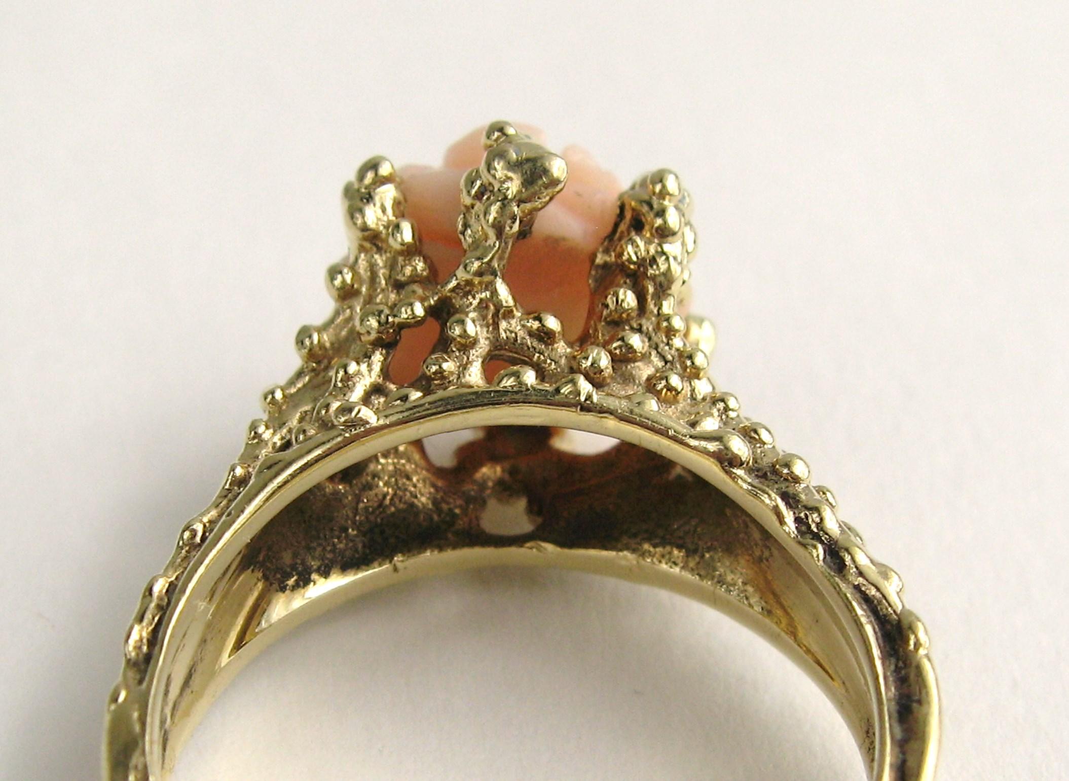 14 Karat Gold Angel Coral Ring Rose Flower Ring For Sale 2
