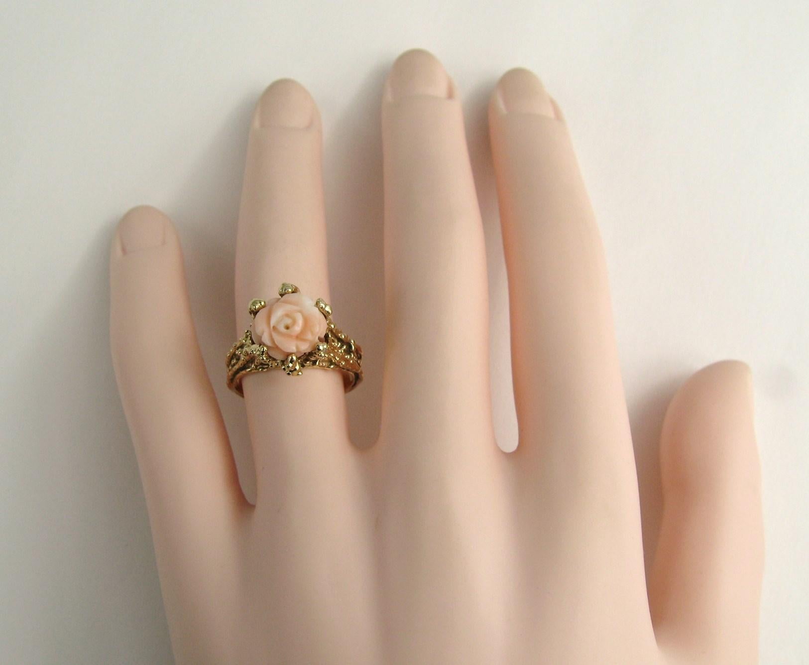 Uncut 14 Karat Gold Angel Coral Ring Rose Flower Ring For Sale
