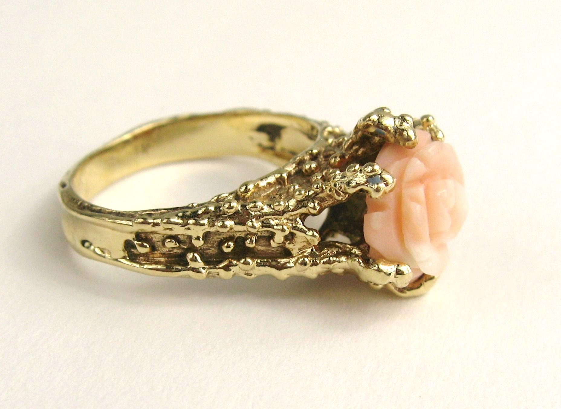 Women's or Men's 14 Karat Gold Angel Coral Ring Rose Flower Ring For Sale