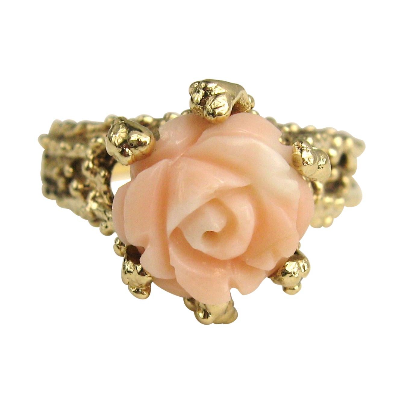 14 Karat Gold Angel Coral Ring Rose Flower Ring