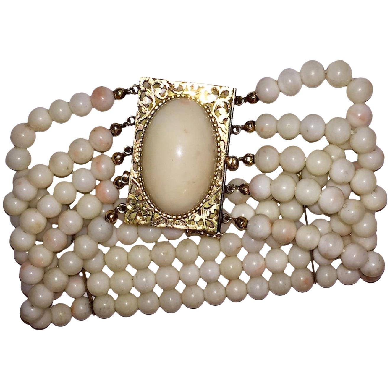 14 Karat Gold Angel Skin Coral Cabochon Beaded Bracelet For Sale