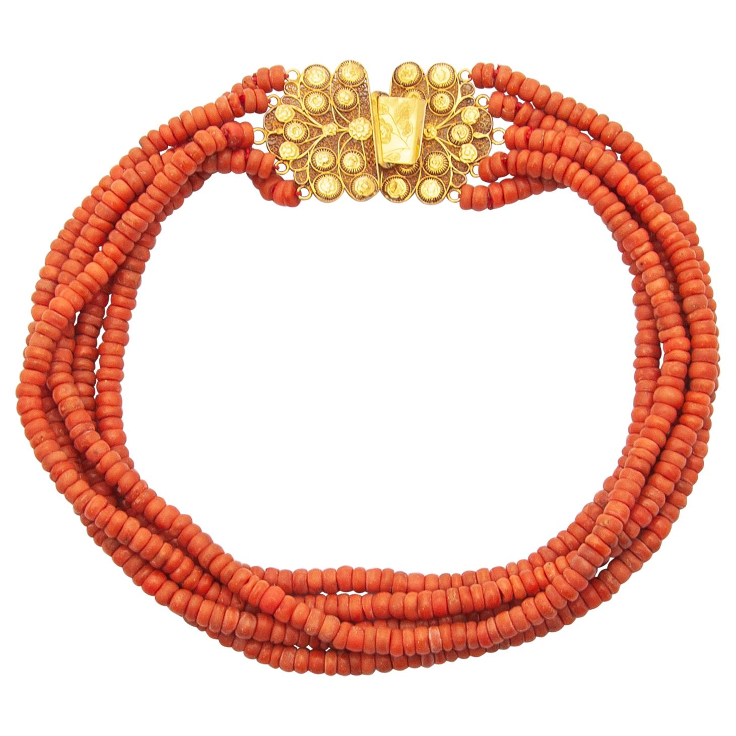 Red Coral 14 Karat Gold Multi-Strand Beaded Necklace