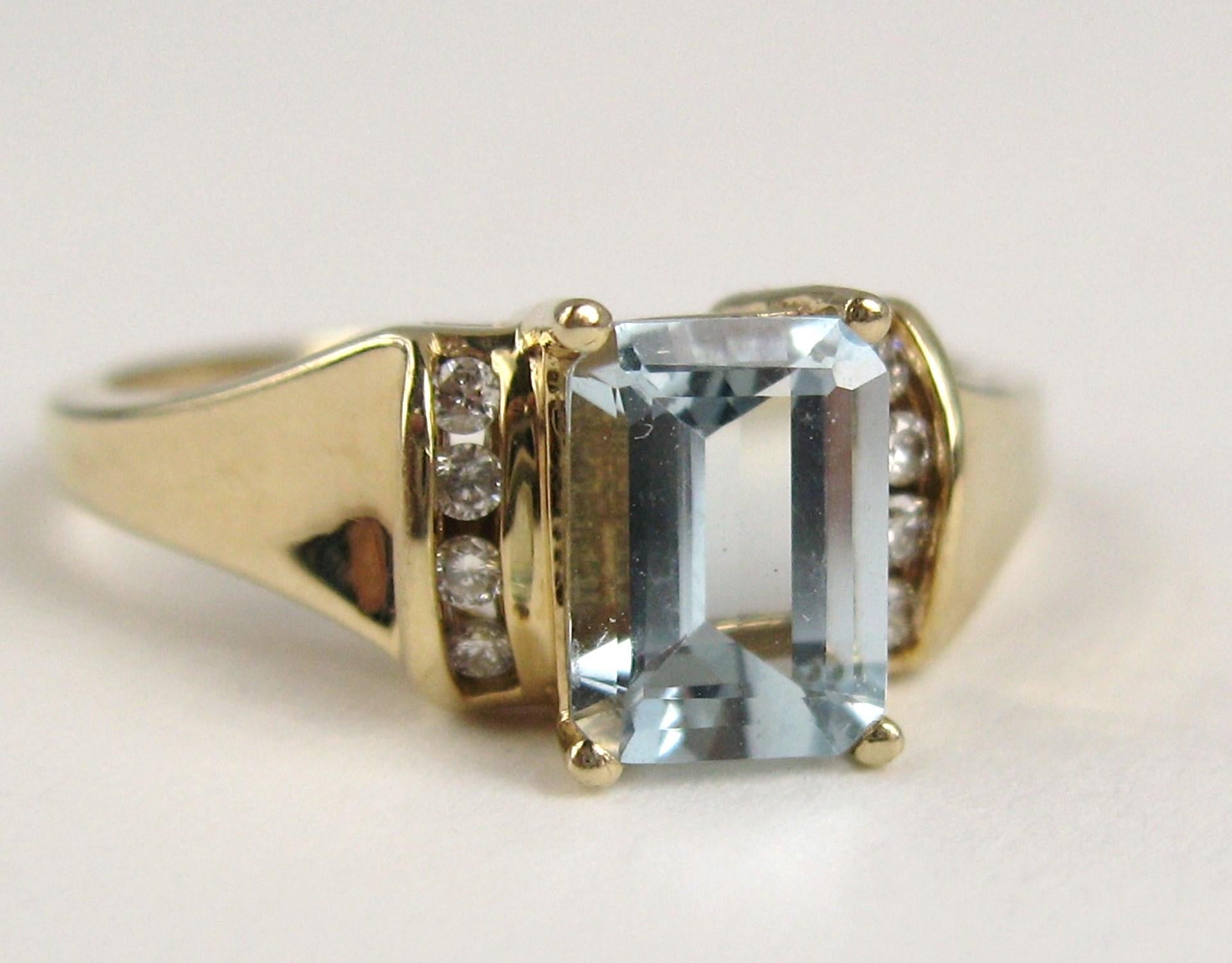 Women's or Men's 14 Karat Gold Aquamarine and Diamond Emerald Cut Ring