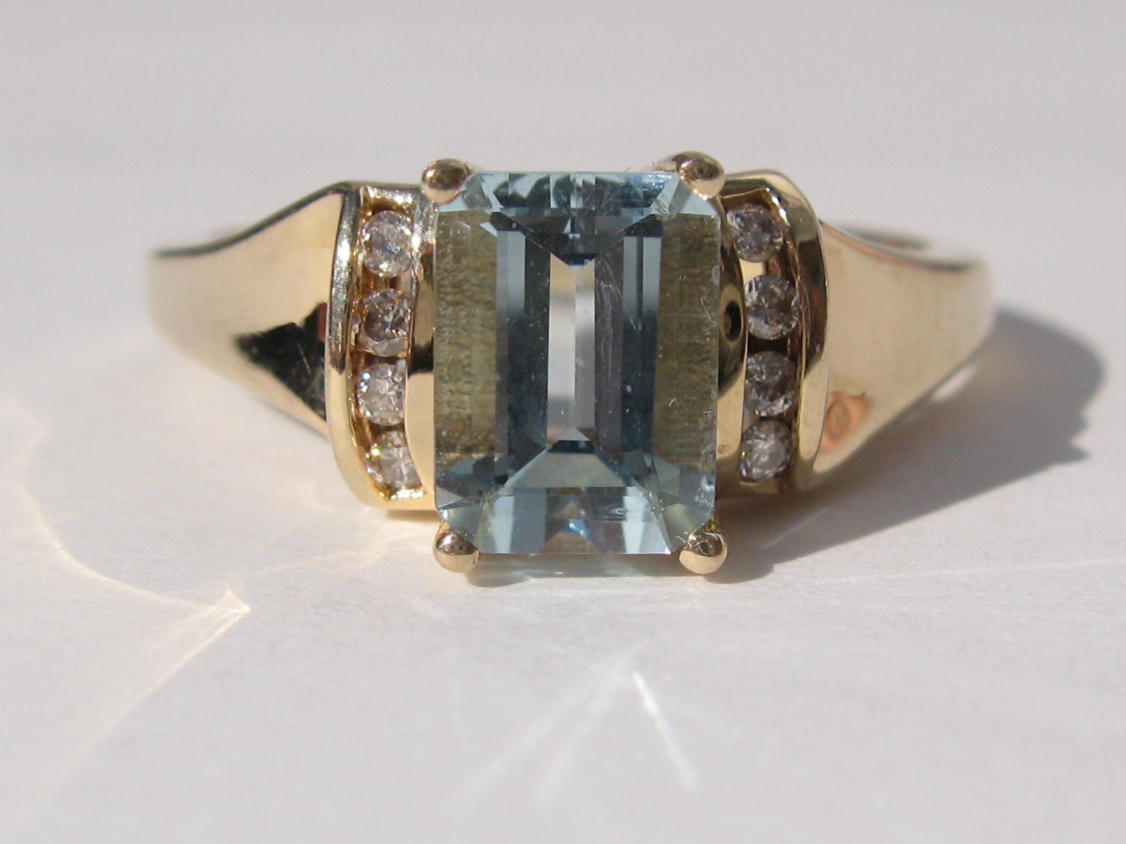 14 Karat Gold Aquamarine and Diamond Emerald Cut Ring 1