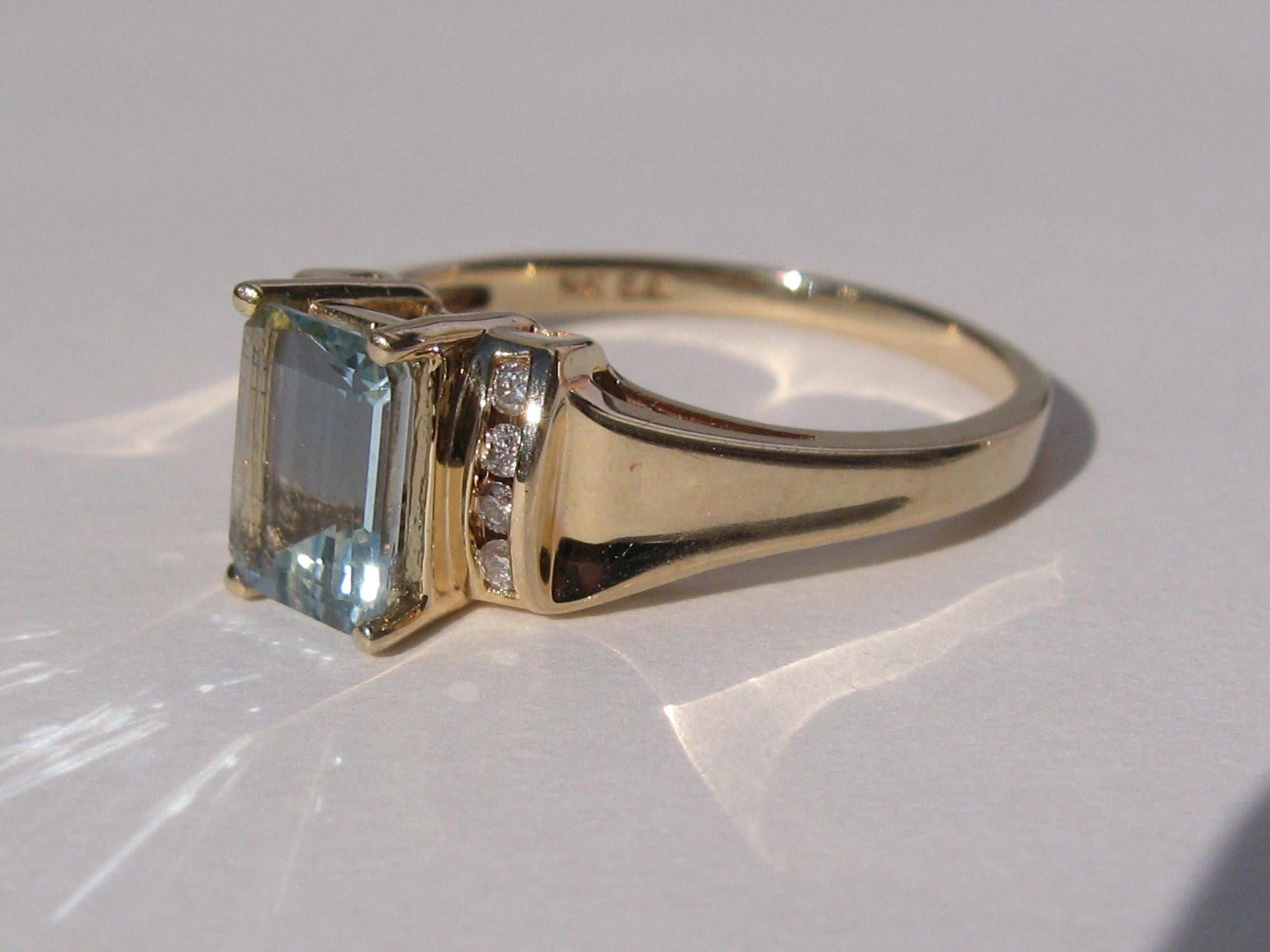 14 Karat Gold Aquamarine and Diamond Emerald Cut Ring 2