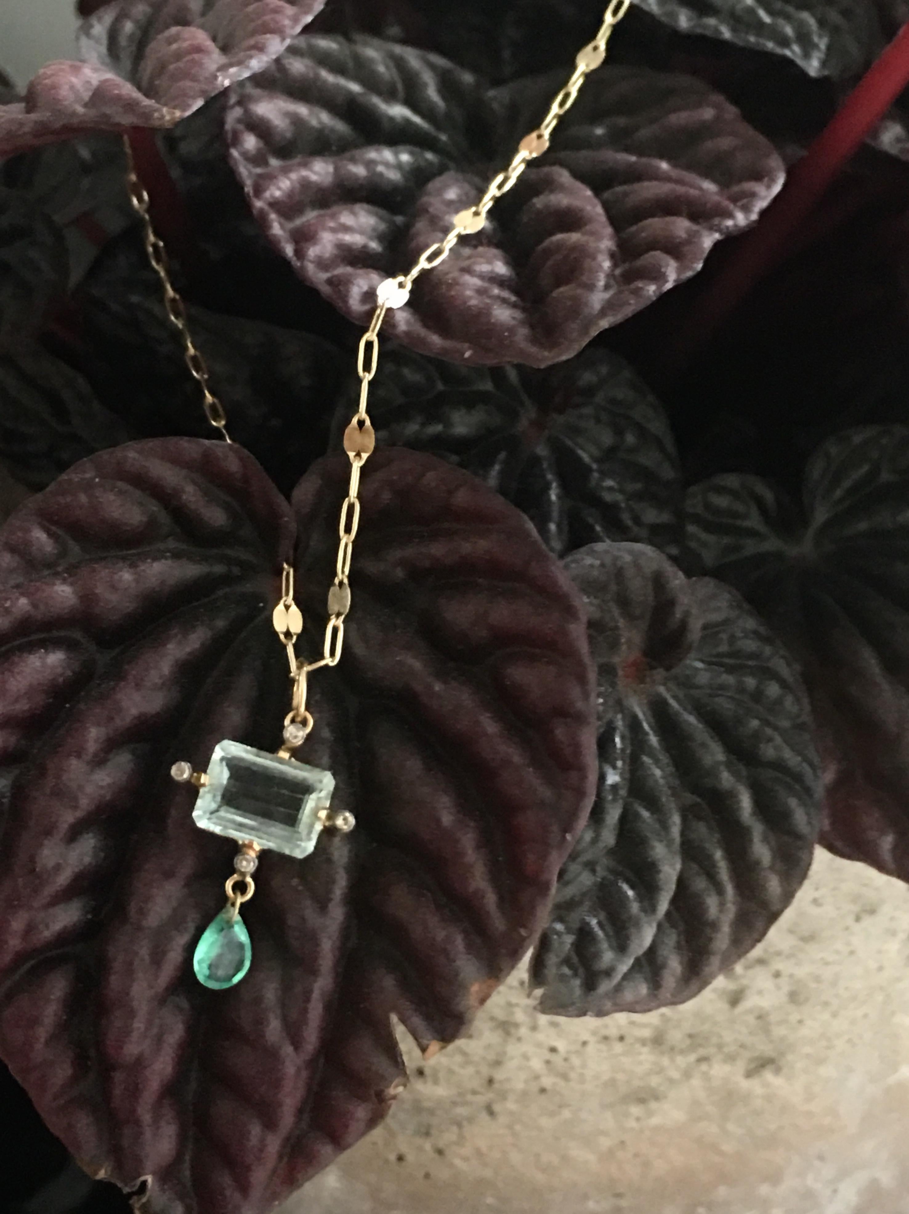 Emerald Cut 14 Karat Gold Aquamarine Emerald and Diamonds Necklace For Sale