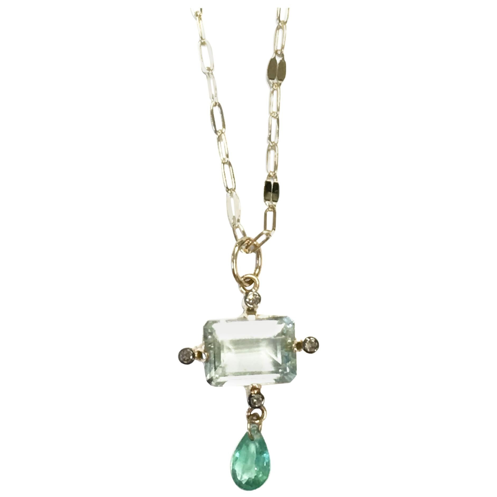 14 Karat Gold Aquamarine Emerald and Diamonds Necklace For Sale