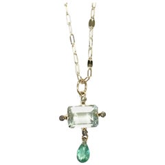 14 Karat Gold Aquamarine Emerald and Diamonds Necklace