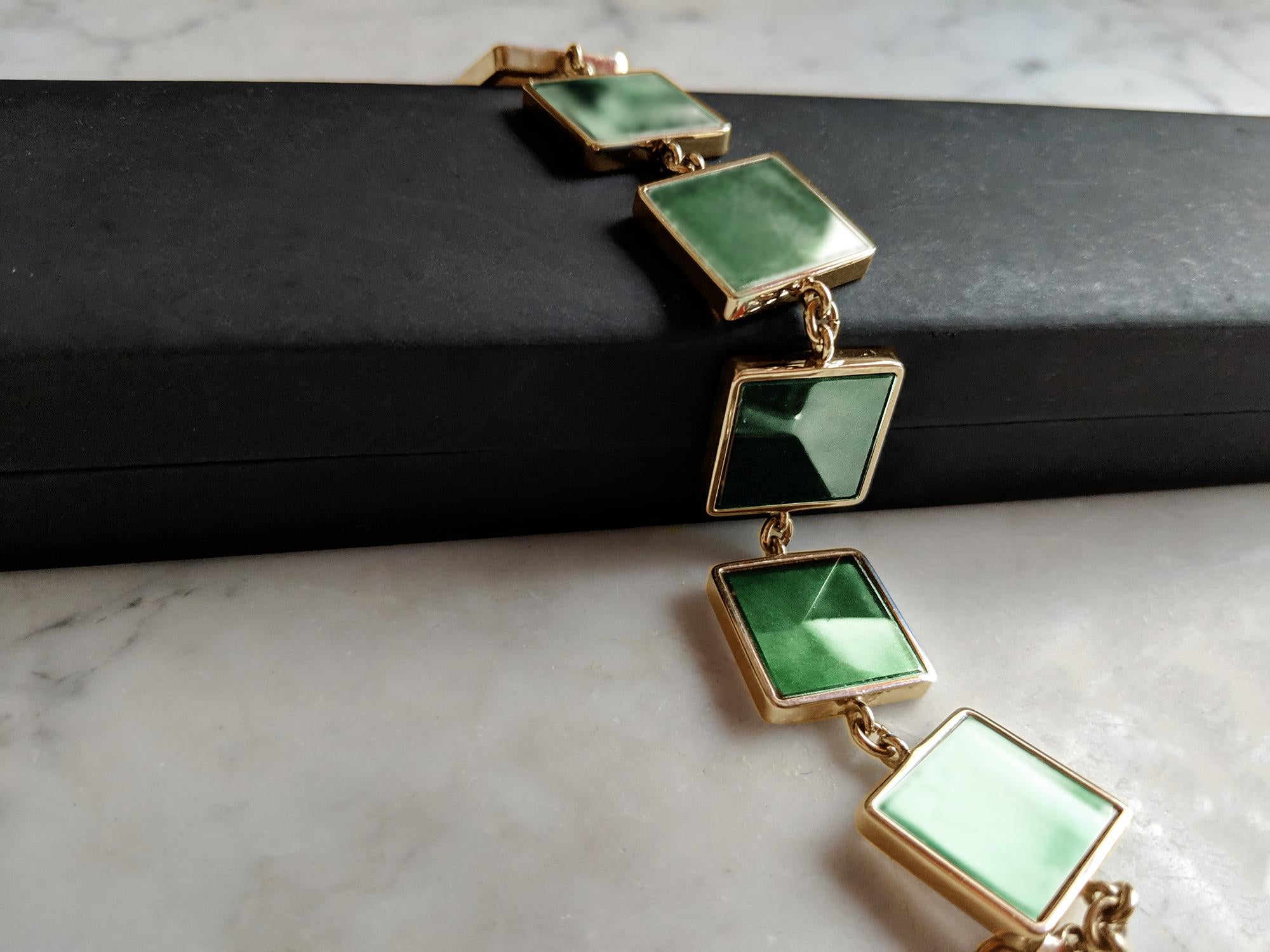 Cabochon Yellow Gold Art Deco Style Bracelet with Dark Green Quartz Featured in Vogue For Sale