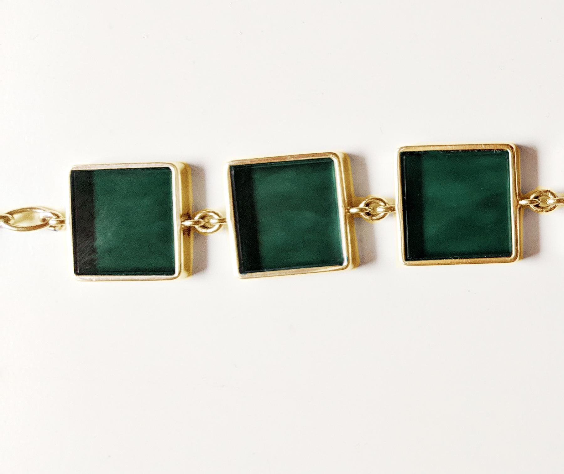 Yellow Gold Art Deco Style Bracelet with Dark Green Quartz Featured in Vogue For Sale 1
