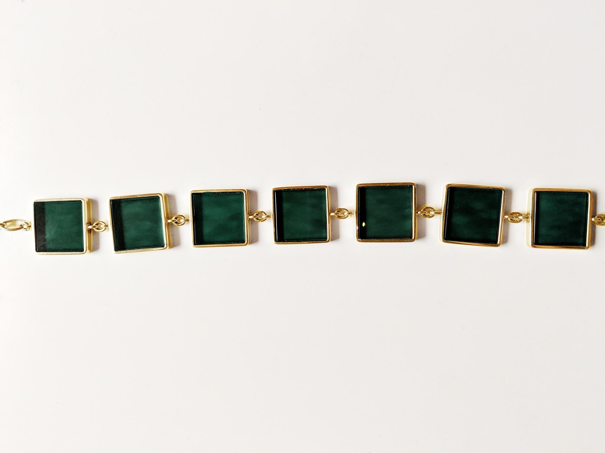 Yellow Gold Art Deco Style Bracelet with Dark Green Quartz Featured in Vogue For Sale 3