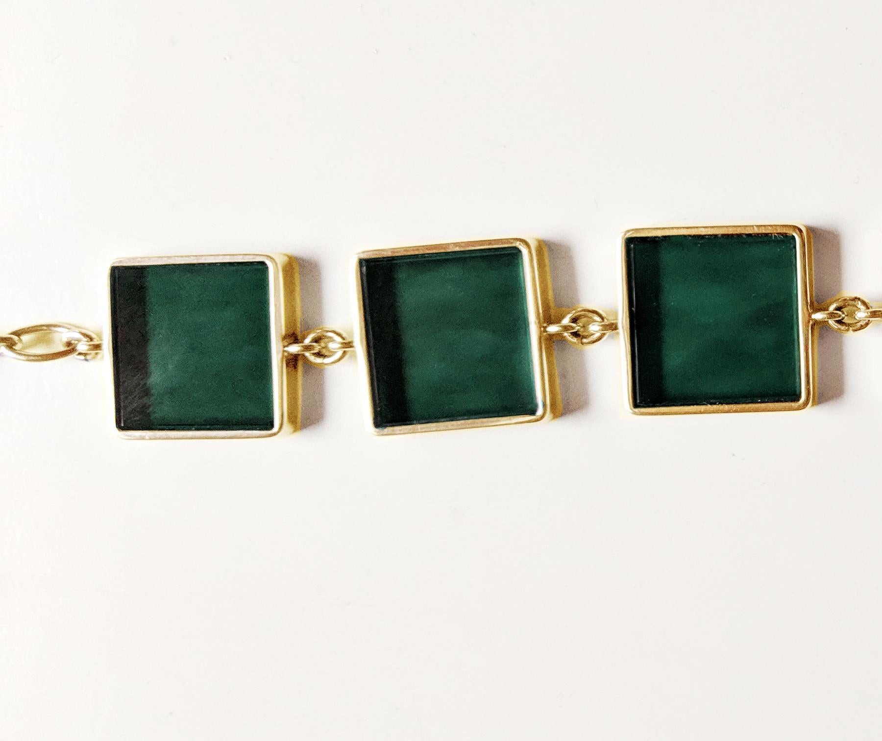 Women's or Men's Featured in Vogue Yellow Gold Art Deco Style Bracelet with Dark Green Quartz For Sale