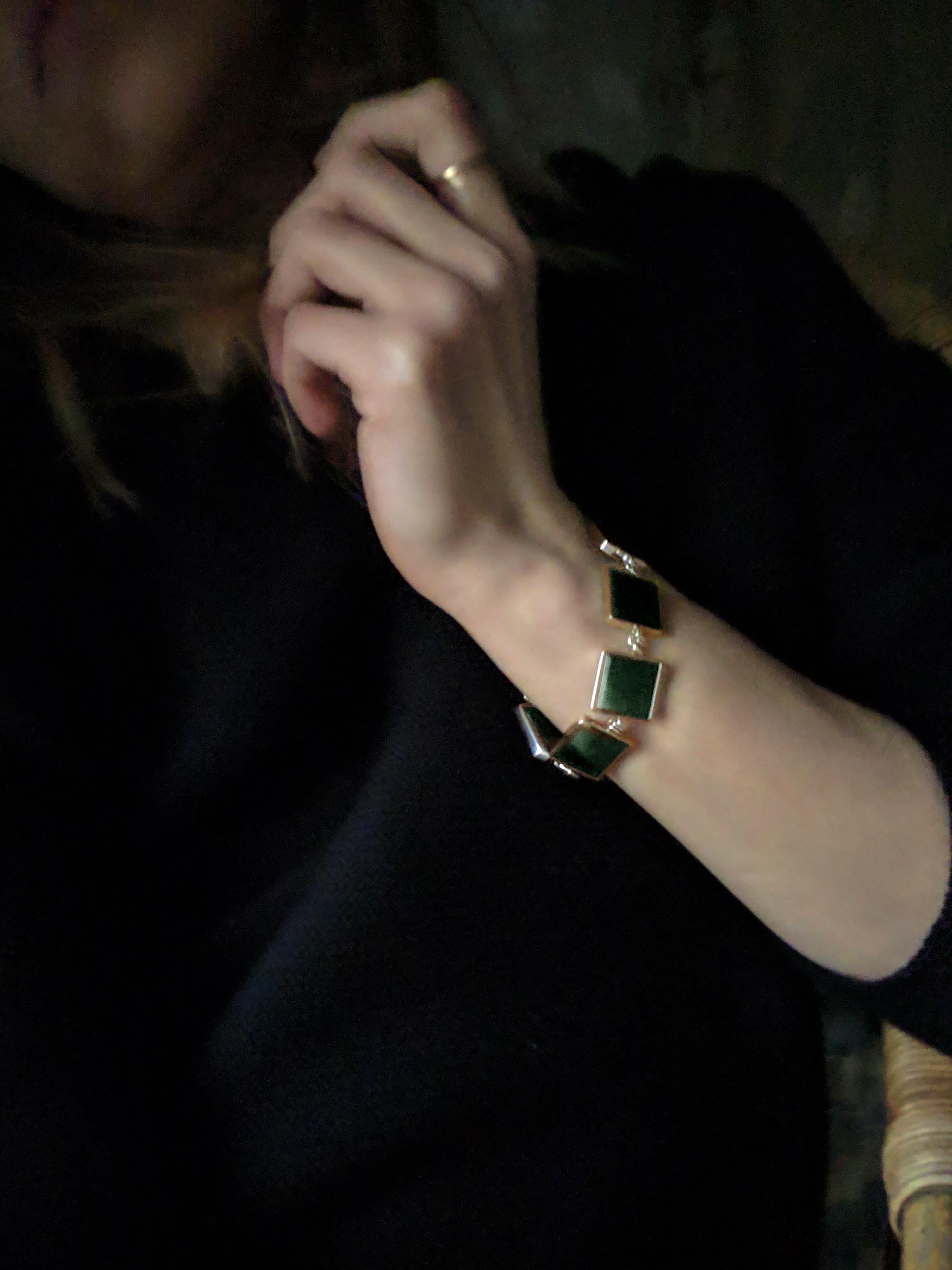 Featured in Vogue Yellow Gold Art Deco Style Bracelet with Dark Green Quartz For Sale 3