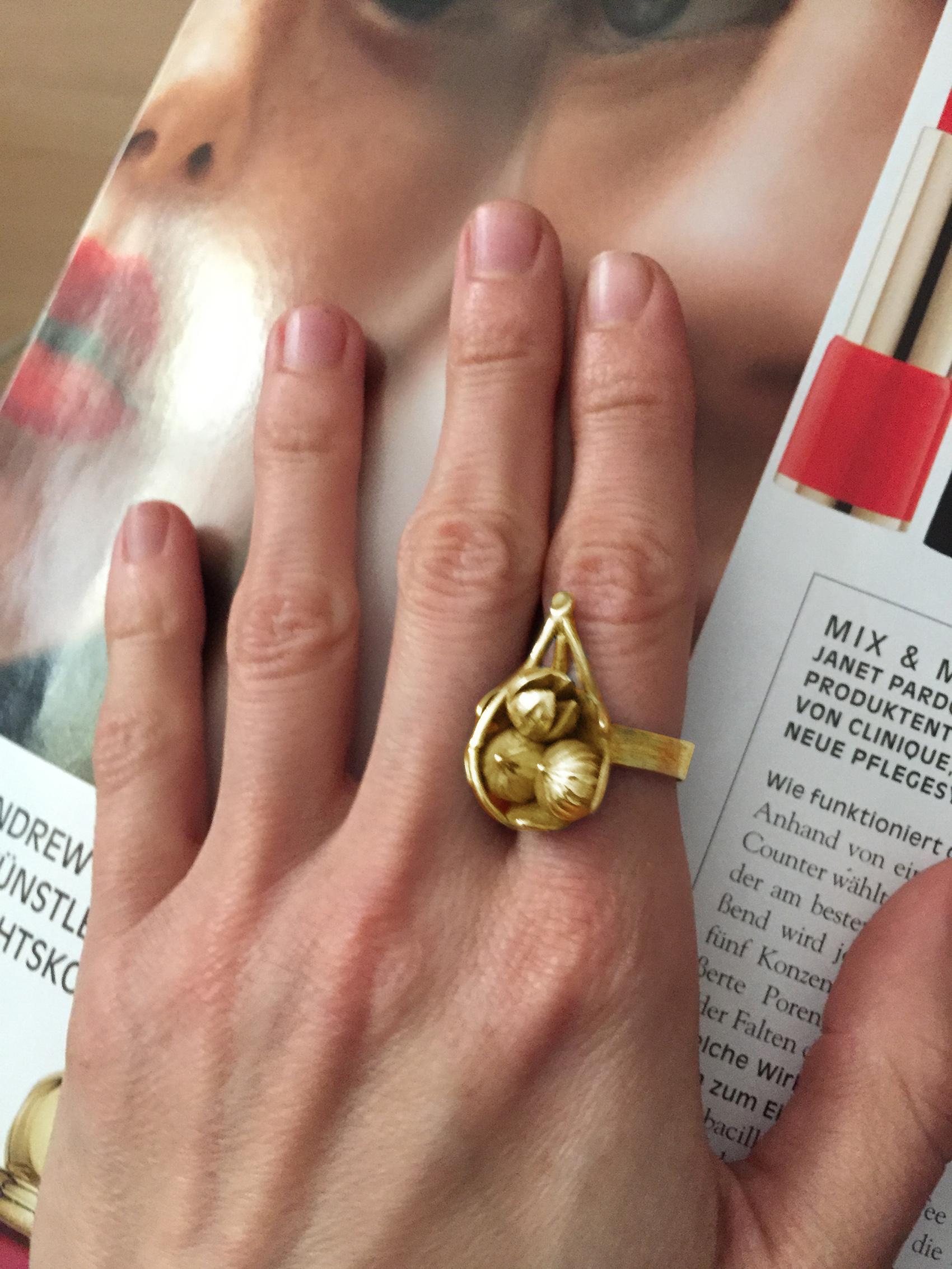 Round Cut 14 Karat Gold Art Nouveau Fig Cocktail Ring by the Artist, Featured in Vogue