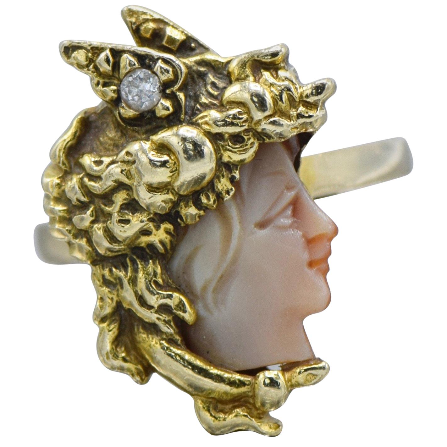14 Karat Gold Art Nouveau Lady Face Shell Diamond and Ring For Sale