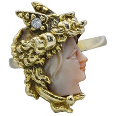 14 Karat Gold Art Nouveau Lady Face Shell Diamond and Ring