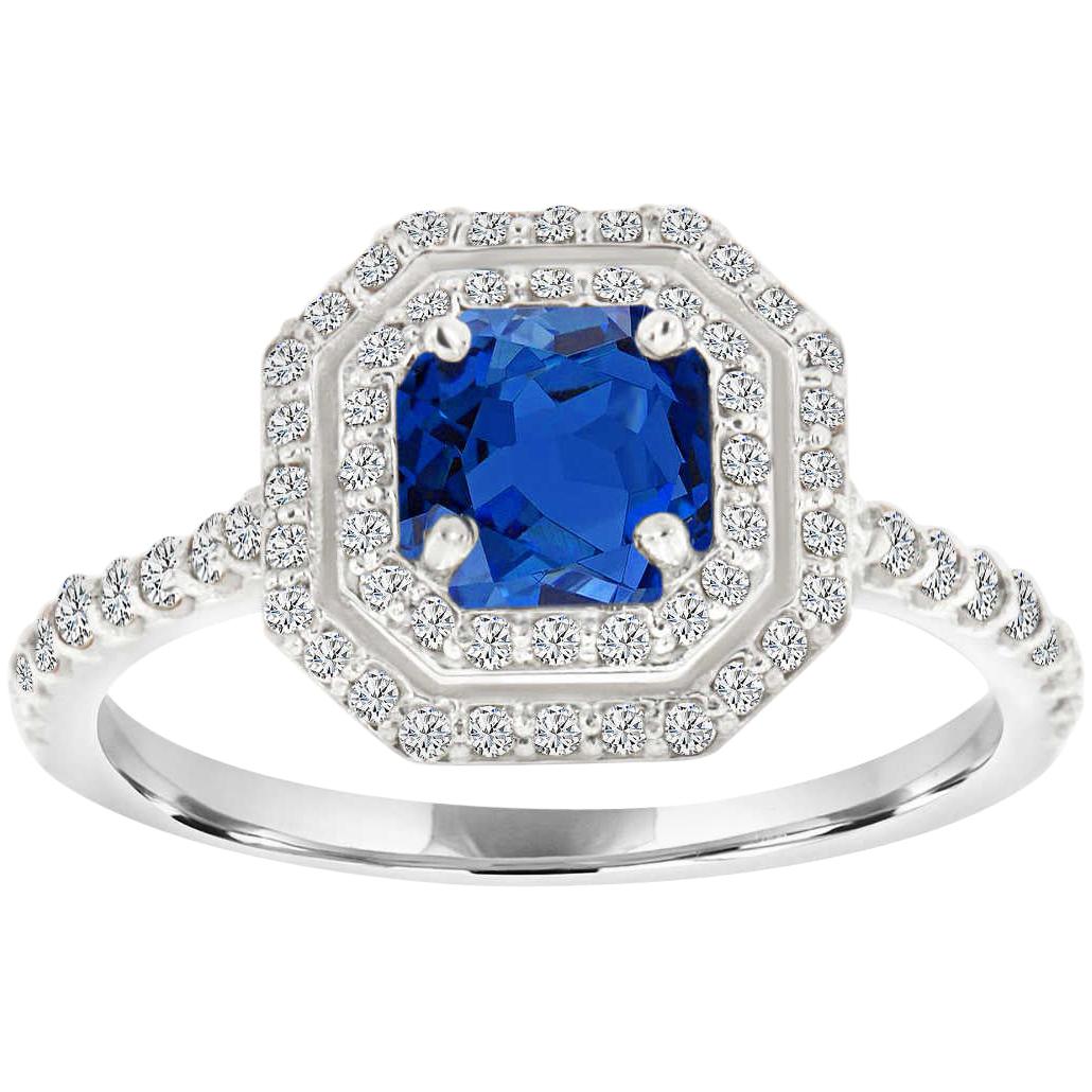 Bague en or 14 carats avec saphir bleu taille Asscher et halo de diamants 0,62 carat en vente